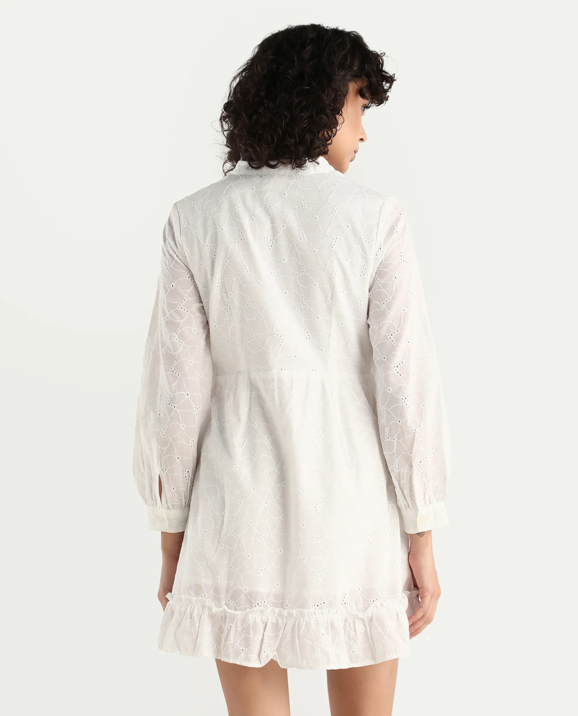Rareism Women's Walder White Cotton V-Neck Plain Bishop Sleeve Mini A-Line Dress - Image 6