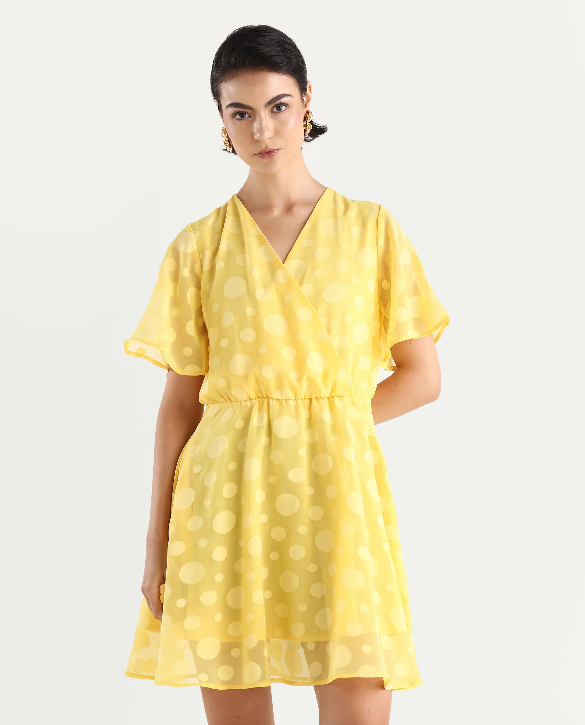Rareism Women's Wallant Yellow Polyester Blend Key Hole Neck Polka Print Mini Fit And Flare Dress - Image 3