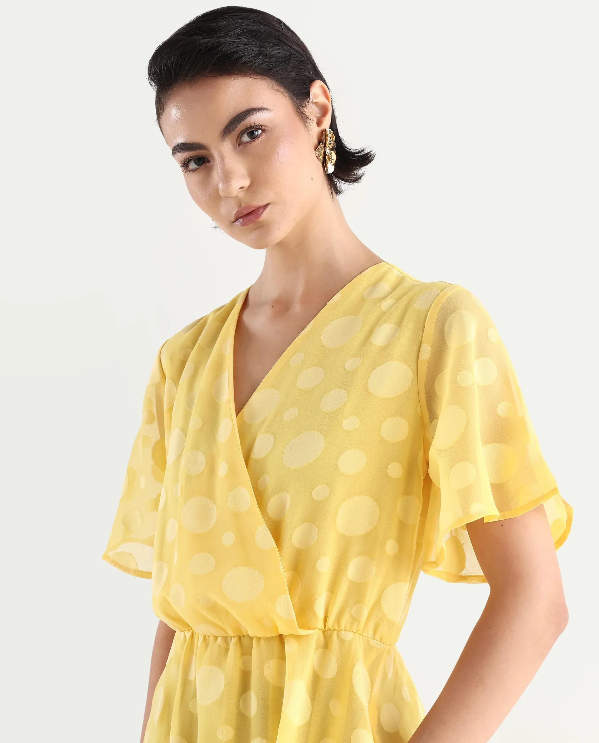 Rareism Women's Wallant Yellow Polyester Blend Key Hole Neck Polka Print Mini Fit And Flare Dress - Image 4