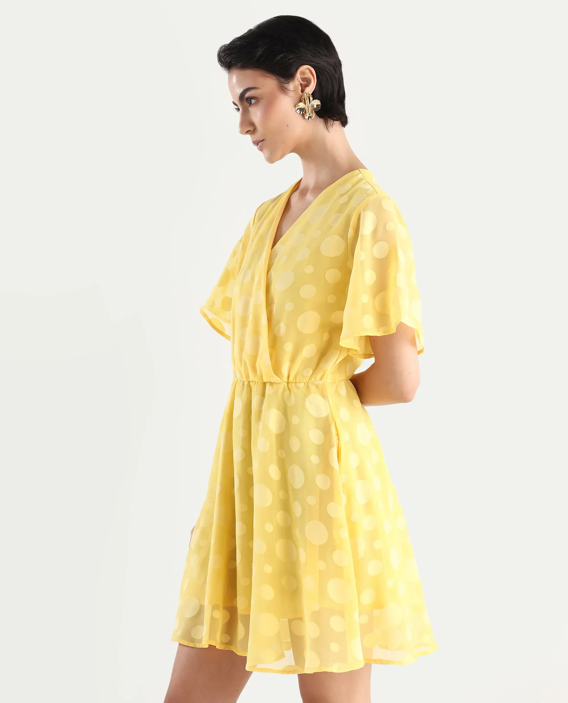 Rareism Women's Wallant Yellow Polyester Blend Key Hole Neck Polka Print Mini Fit And Flare Dress - Image 6