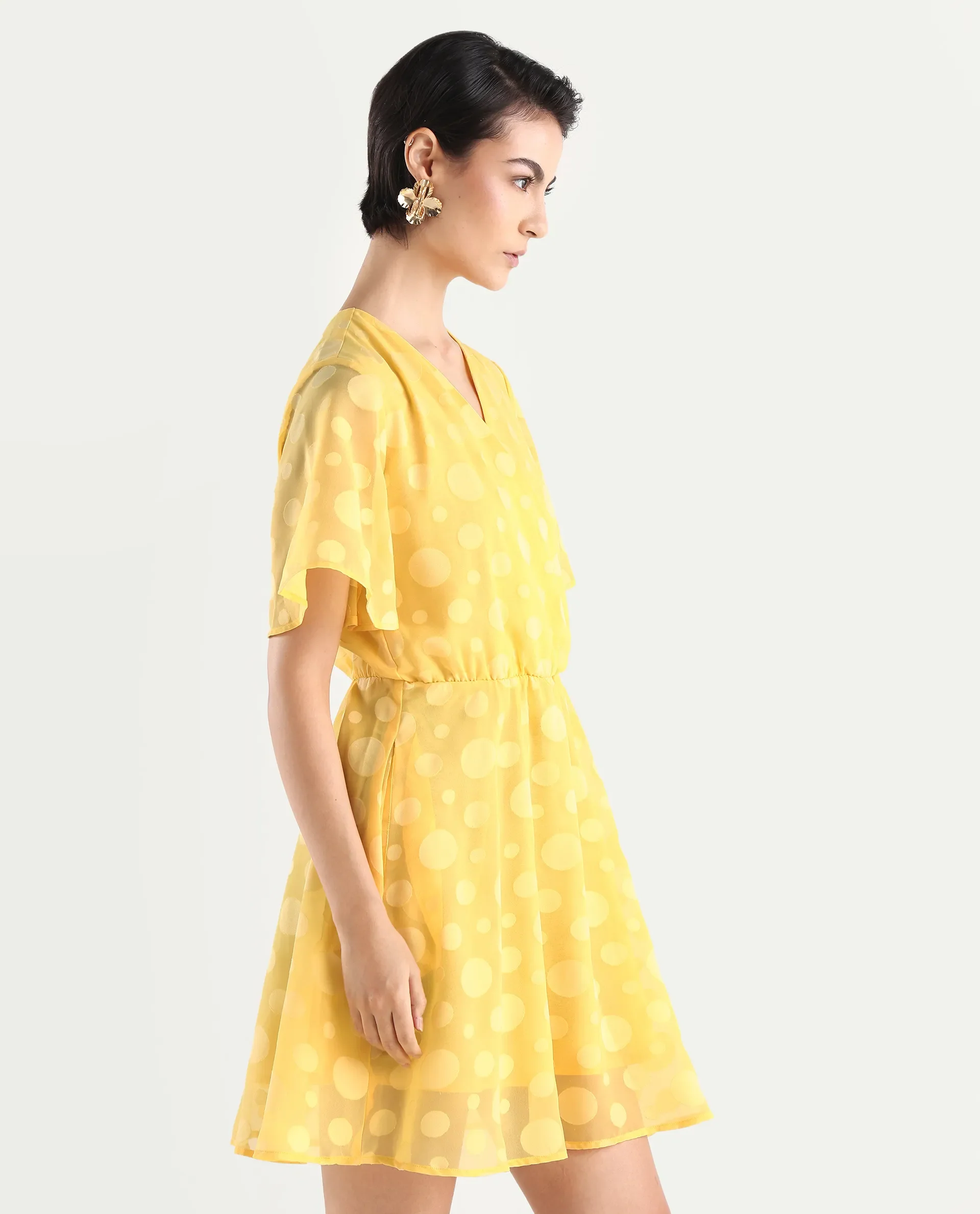Rareism Women's Wallant Yellow Polyester Blend Key Hole Neck Polka Print Mini Fit And Flare Dress - Image 7