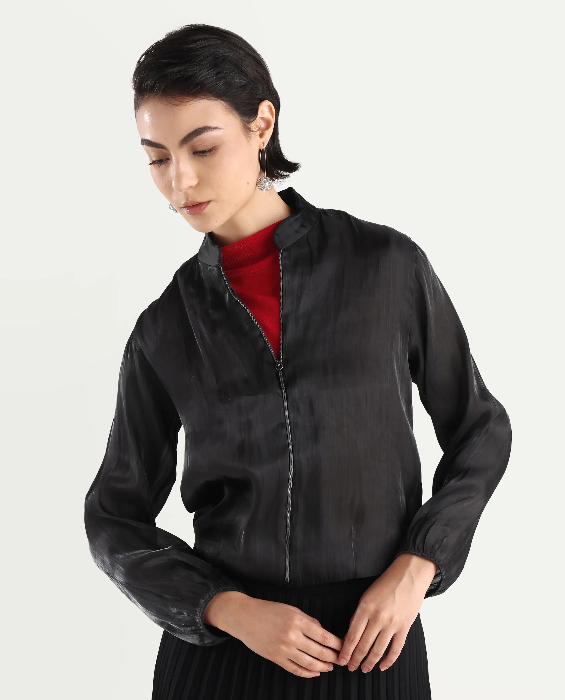 Rareism Women's Wals Black Mandarin Collar Plain Cuffed Sleeve Regular Fit Jacket