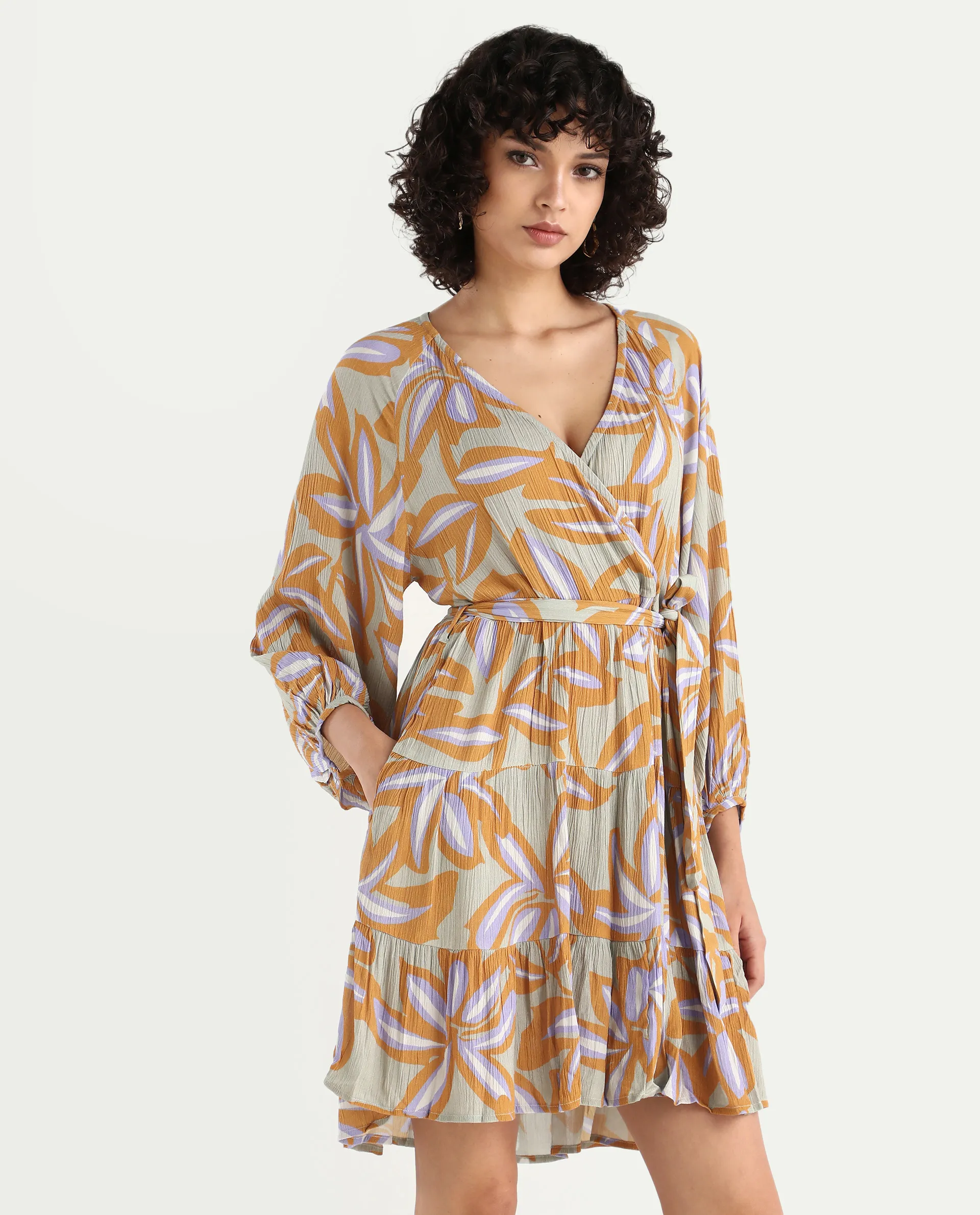 Rareism Women's Walter Light Multi Cotton Overlap Neck Abstract Print Raglan Sleeve Mini Fit And Flare Dress - Image 2