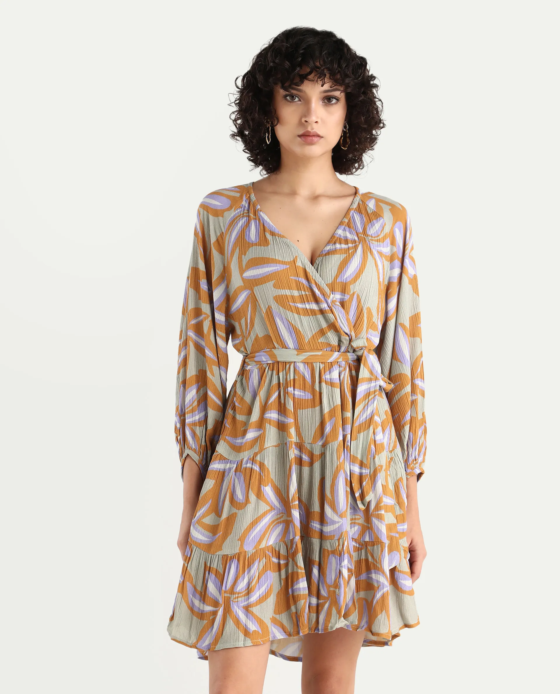 Rareism Women's Walter Light Multi Cotton Overlap Neck Abstract Print Raglan Sleeve Mini Fit And Flare Dress - Image 3