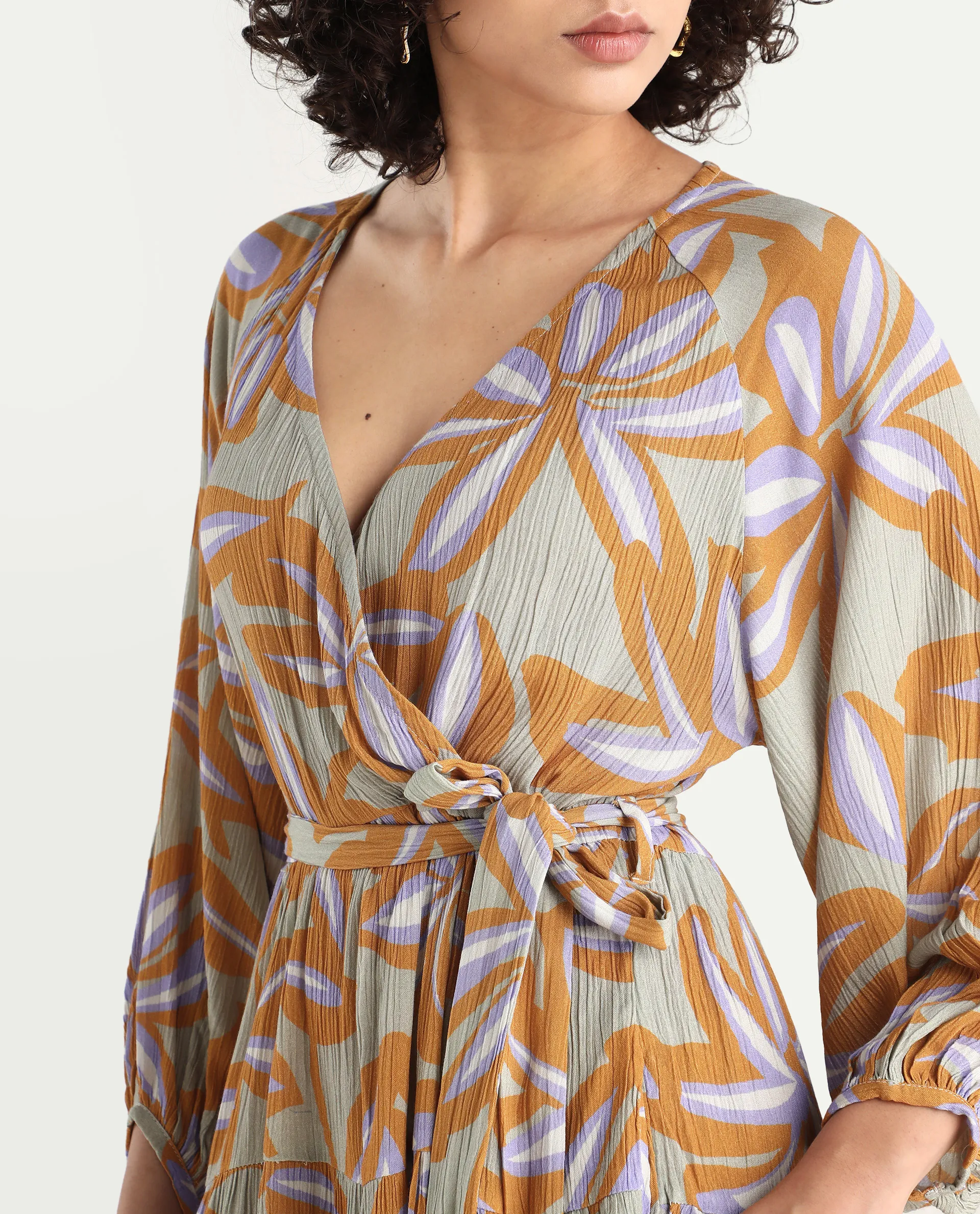 Rareism Women's Walter Light Multi Cotton Overlap Neck Abstract Print Raglan Sleeve Mini Fit And Flare Dress - Image 4