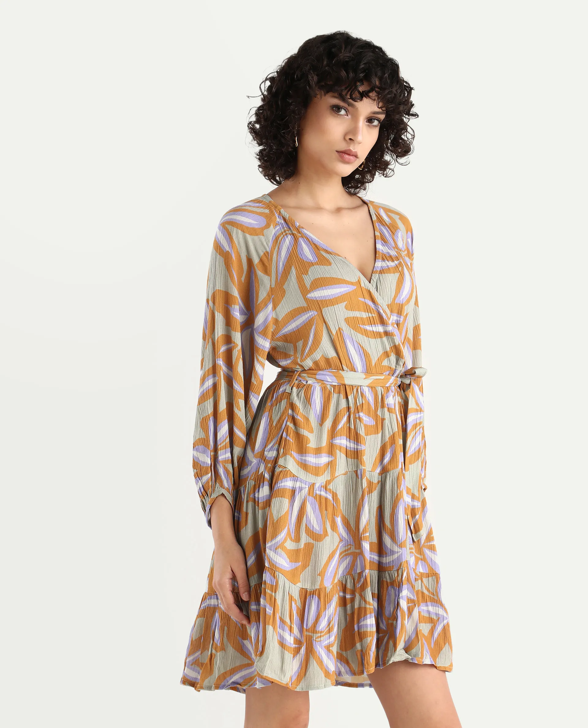 Rareism Women's Walter Light Multi Cotton Overlap Neck Abstract Print Raglan Sleeve Mini Fit And Flare Dress - Image 5
