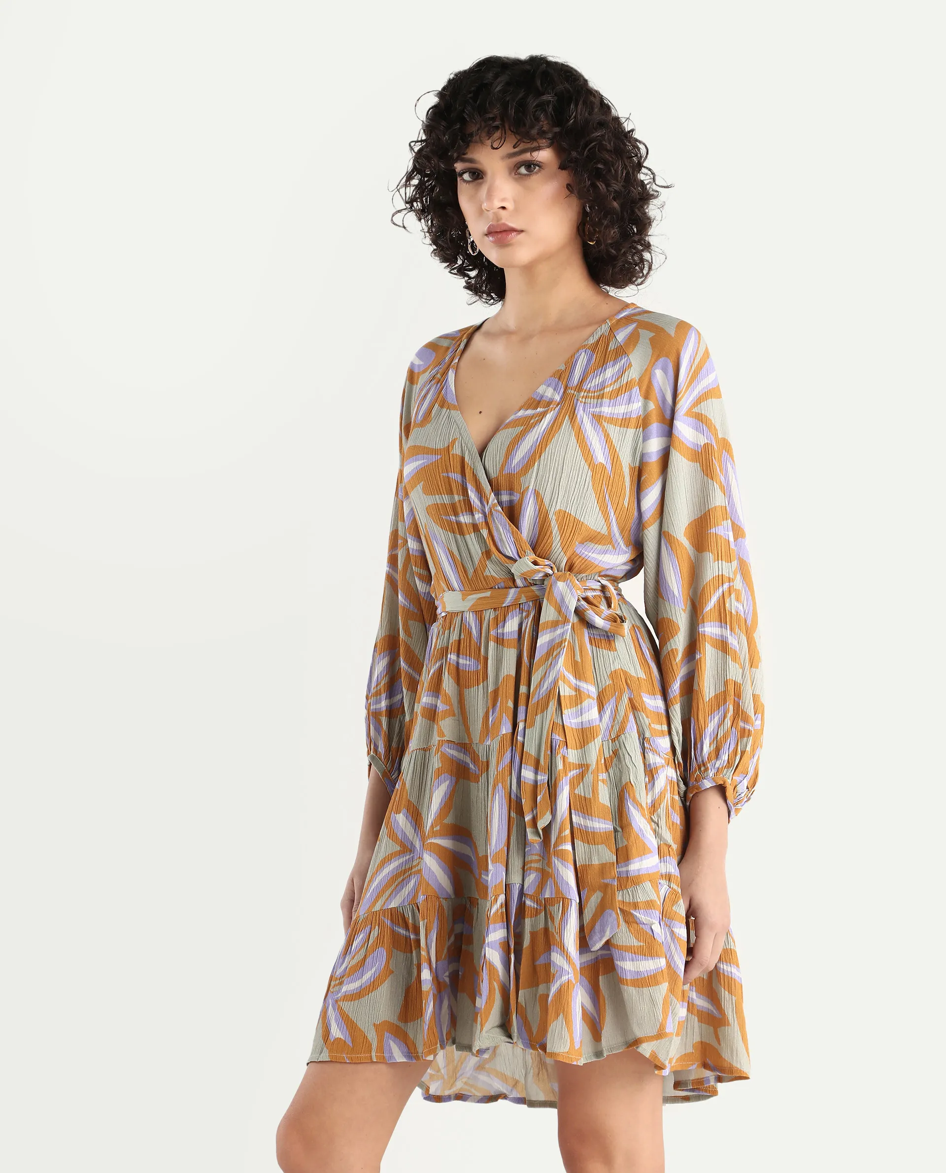 Rareism Women's Walter Light Multi Cotton Overlap Neck Abstract Print Raglan Sleeve Mini Fit And Flare Dress - Image 6