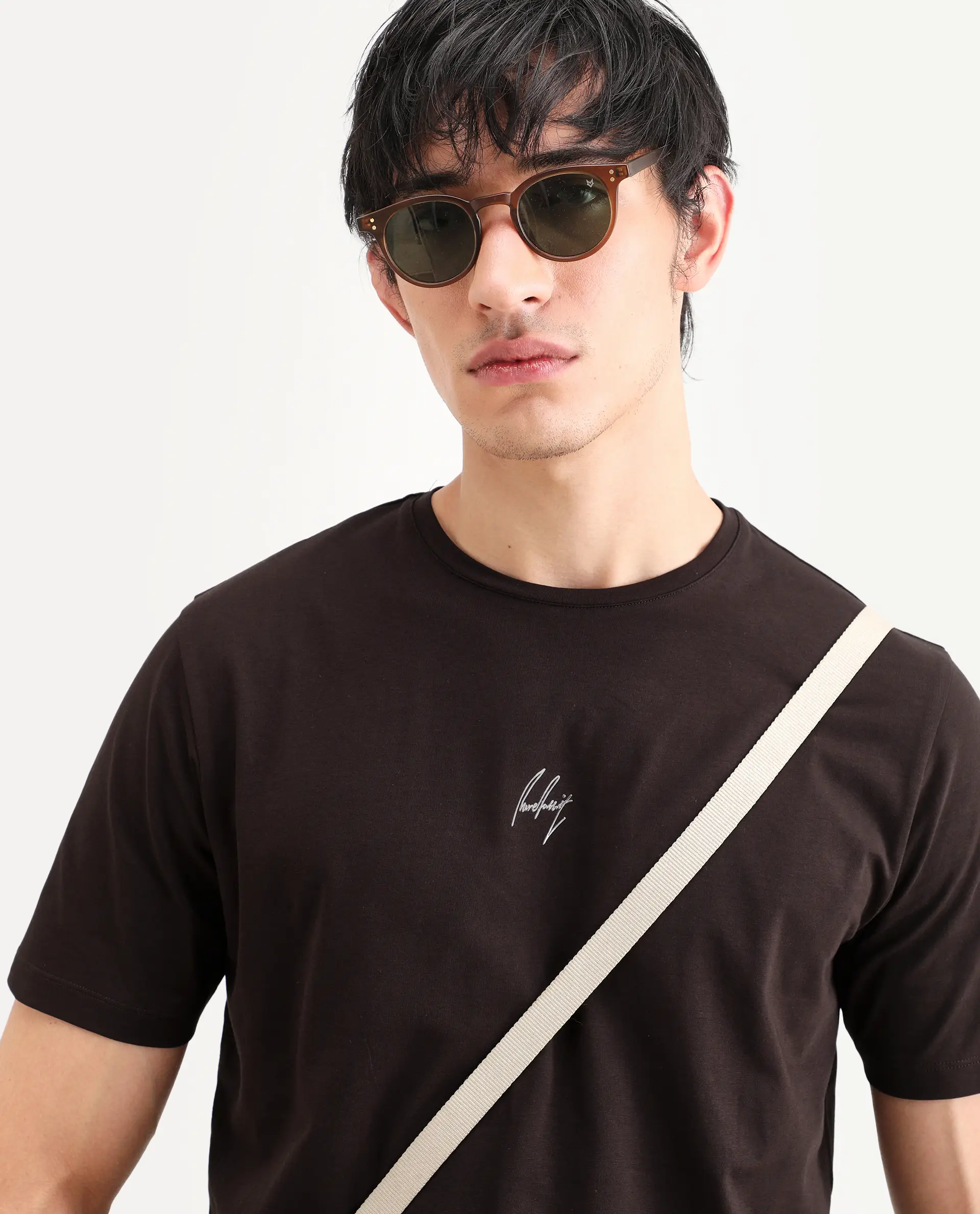 Rare Rabbit Men's Wan Light Brown Cotton Blend Fabric Half Sleeve Crew Neck Regular Fit Graphic Print T-Shirt