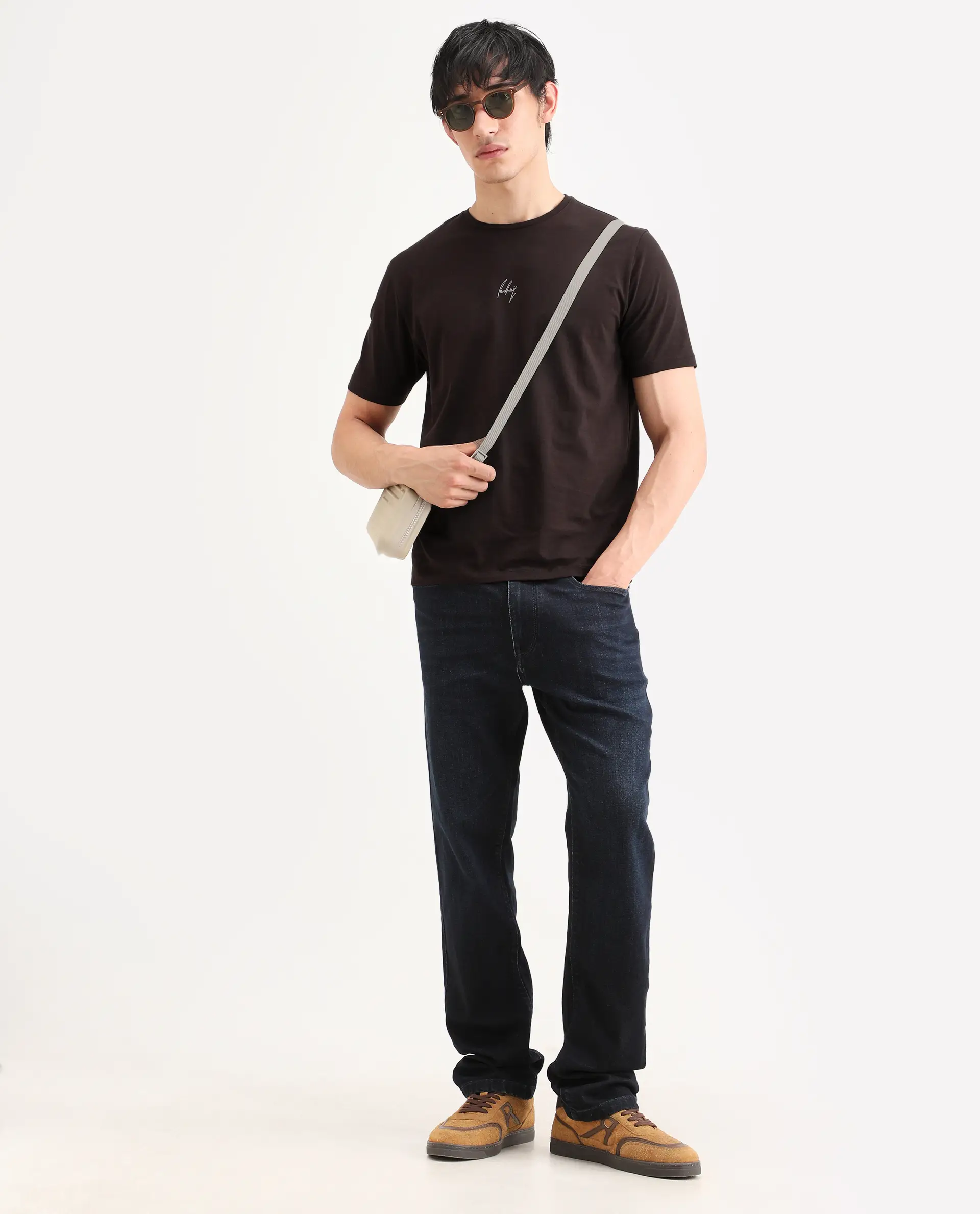 Rare Rabbit Men's Wan Light Brown Cotton Blend Fabric Half Sleeve Crew Neck Regular Fit Graphic Print T-Shirt - Image 2