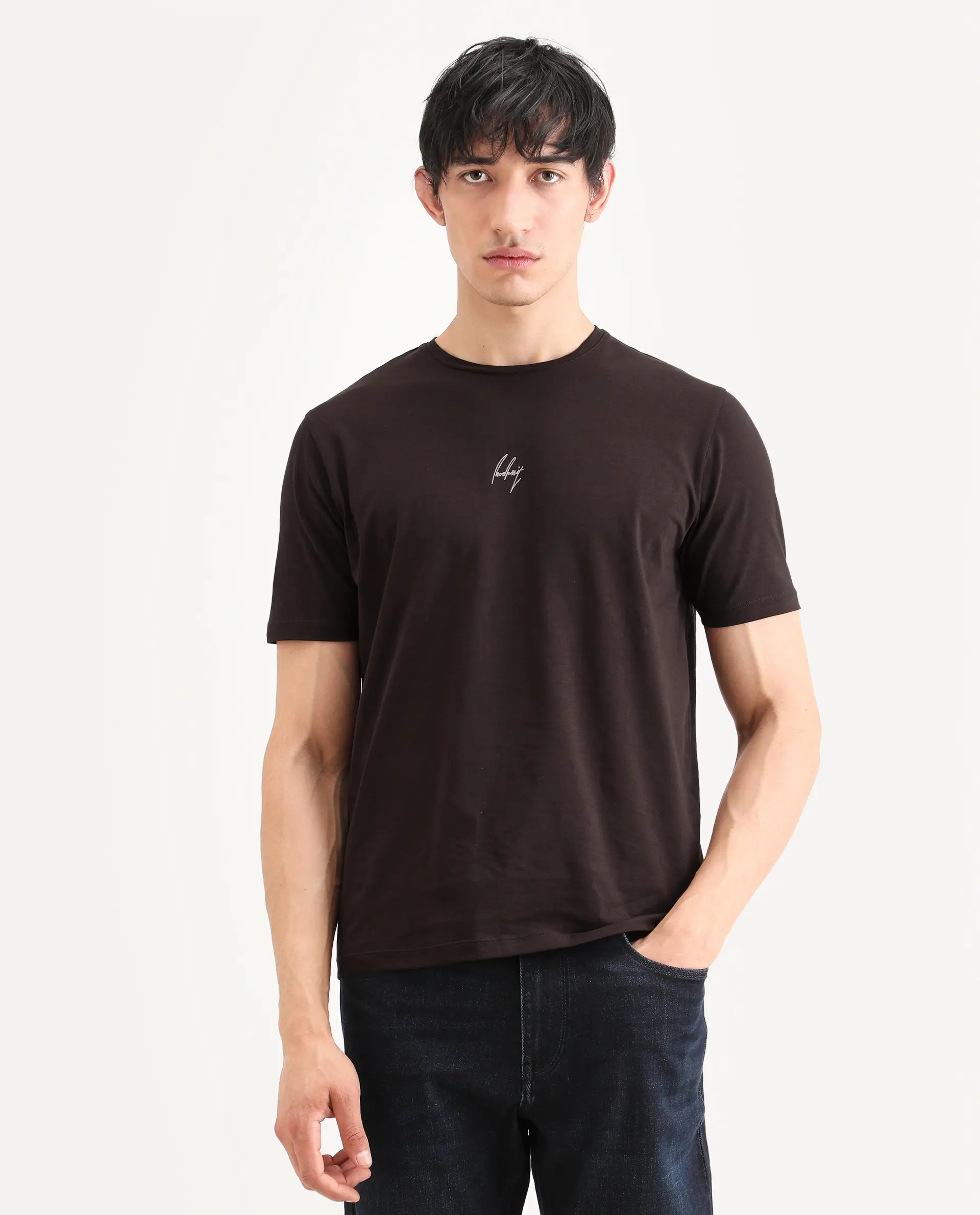 Rare Rabbit Men's Wan Light Brown Cotton Blend Fabric Half Sleeve Crew Neck Regular Fit Graphic Print T-Shirt - Image 4
