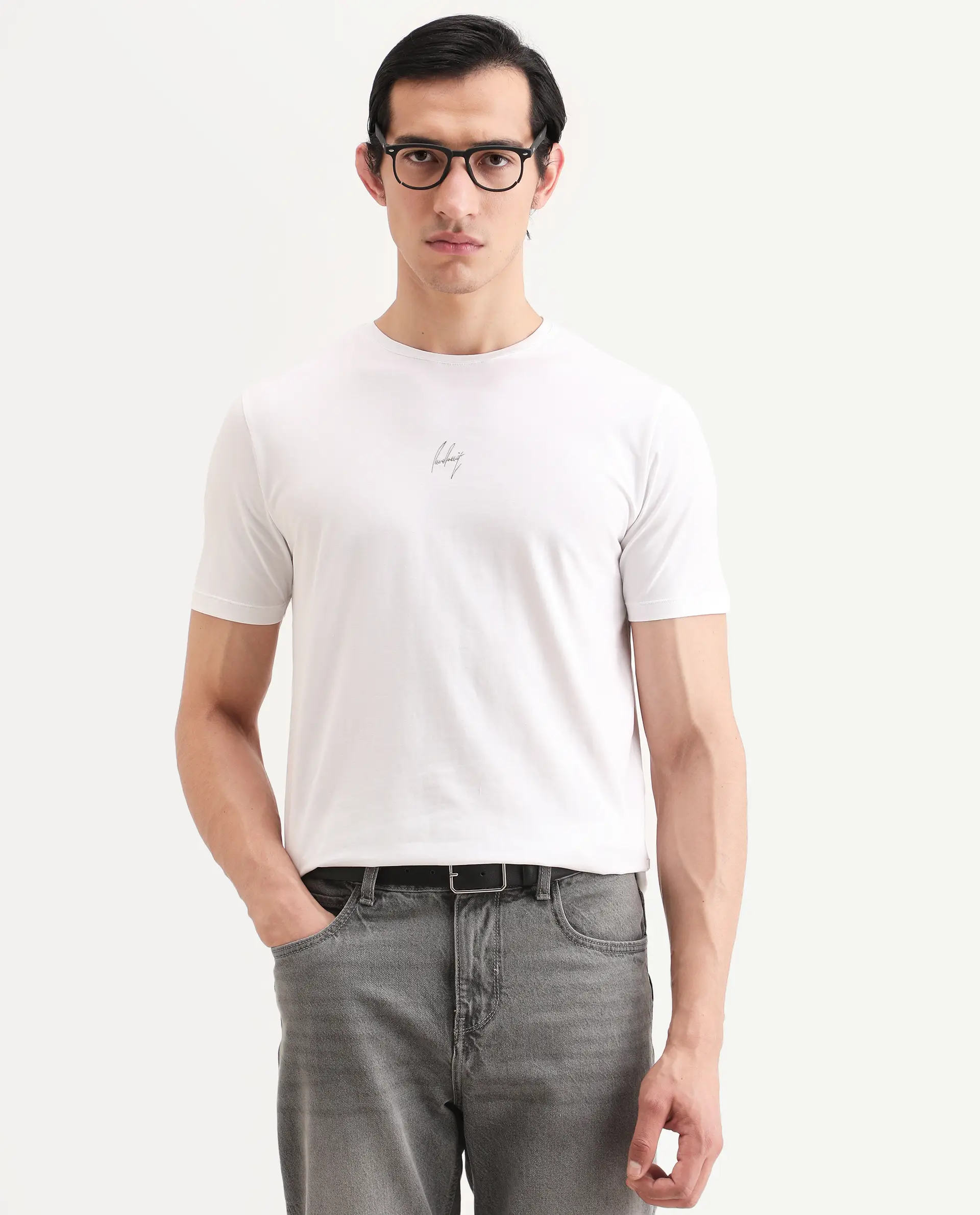 Rare Rabbit Men's Wan White Cotton Blend Fabric Half Sleeve Crew Neck Regular Fit Graphic Print T-Shirt
