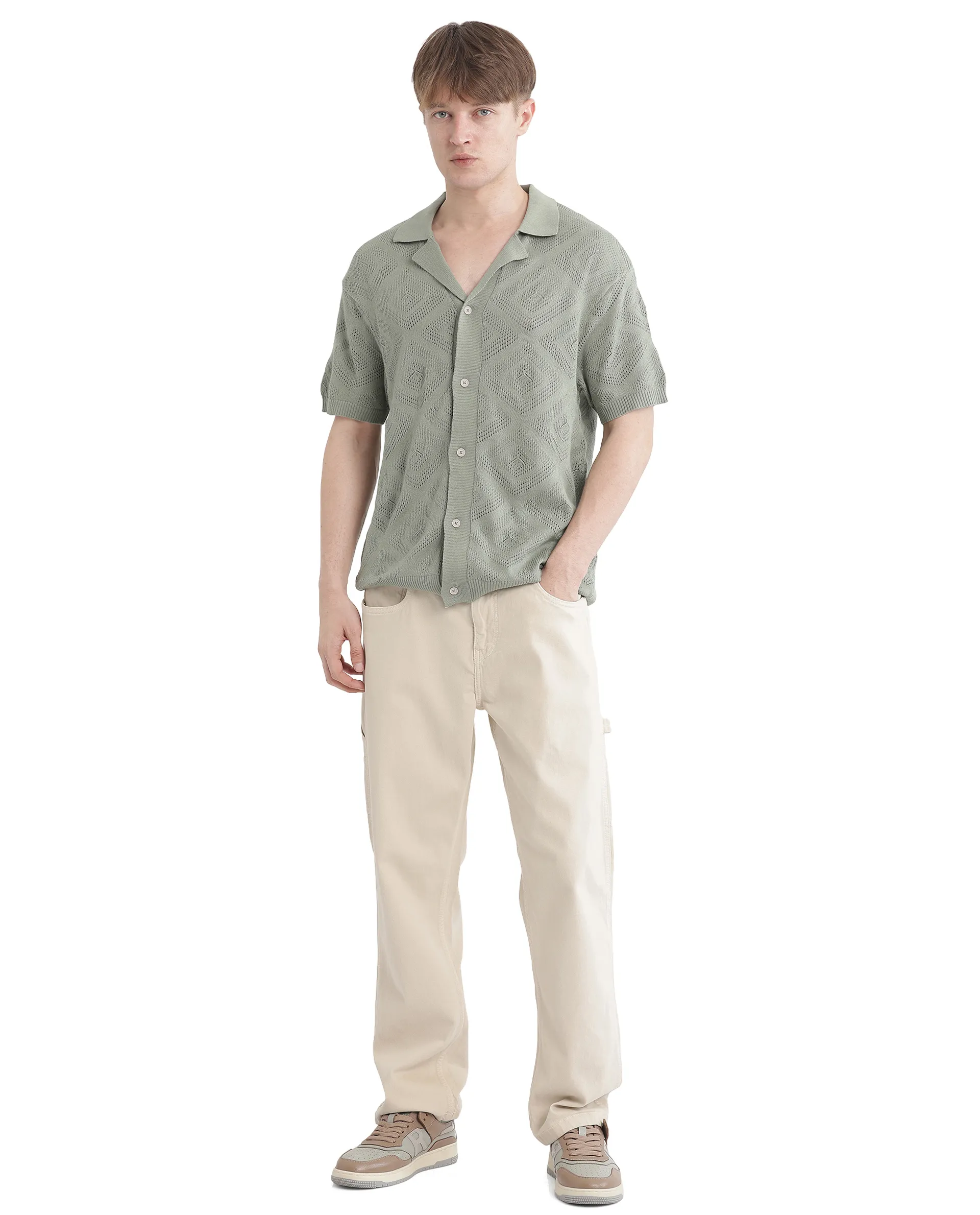 Rare Rabbit Men's Wats Dusky Green Cotton Textured Boxy Fit Half Sleeve Cuban Collar Shirt - Image 2