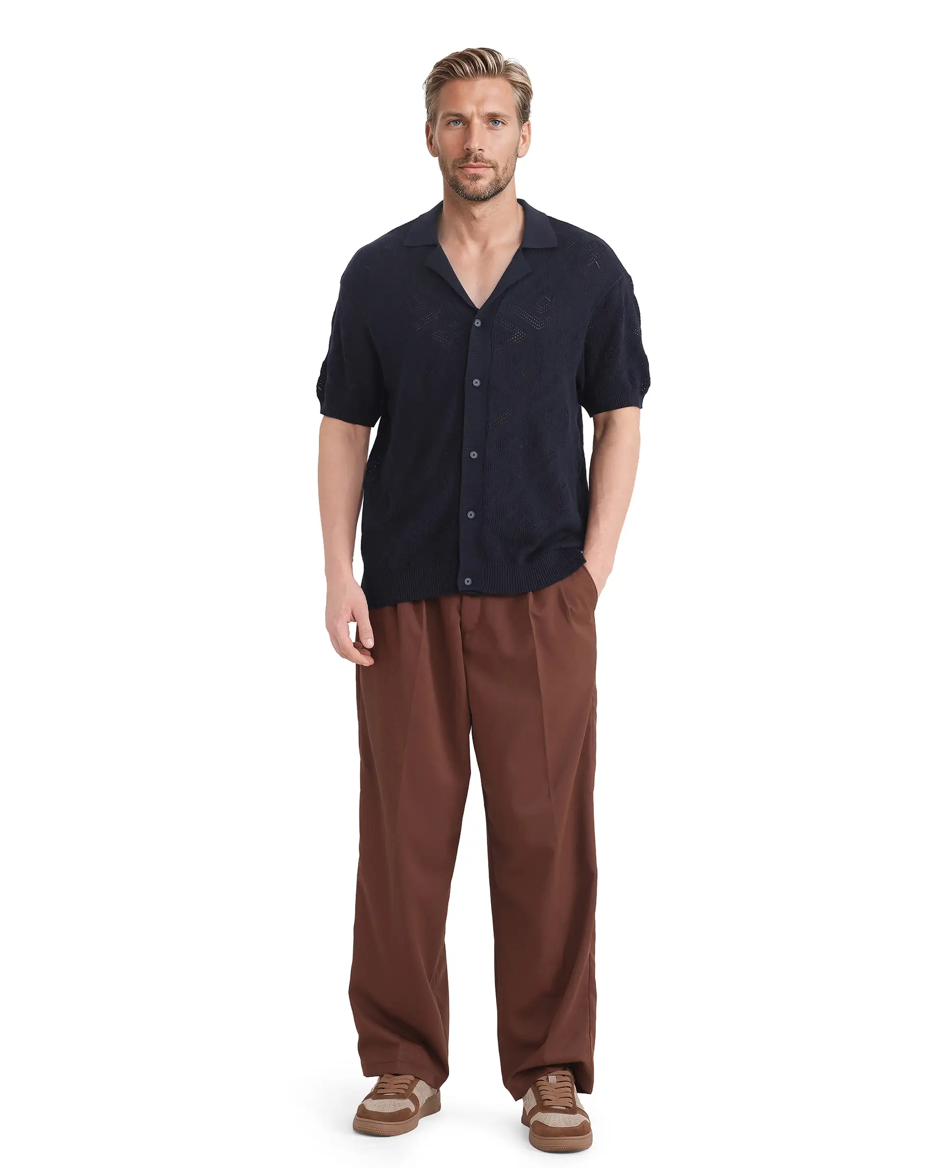 Rare Rabbit Men's Wats Navy Cotton Textured Boxy Fit Half Sleeve Cuban Collar Shirt - Image 2