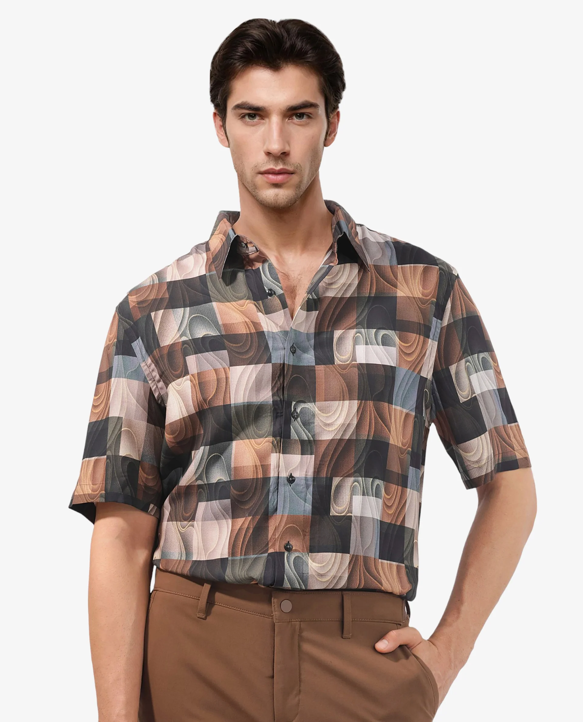 Rare Rabbit Men's Waven Brown Viscose Abstract Print Boxy Fit Half Sleeve Spread Collar Shirt