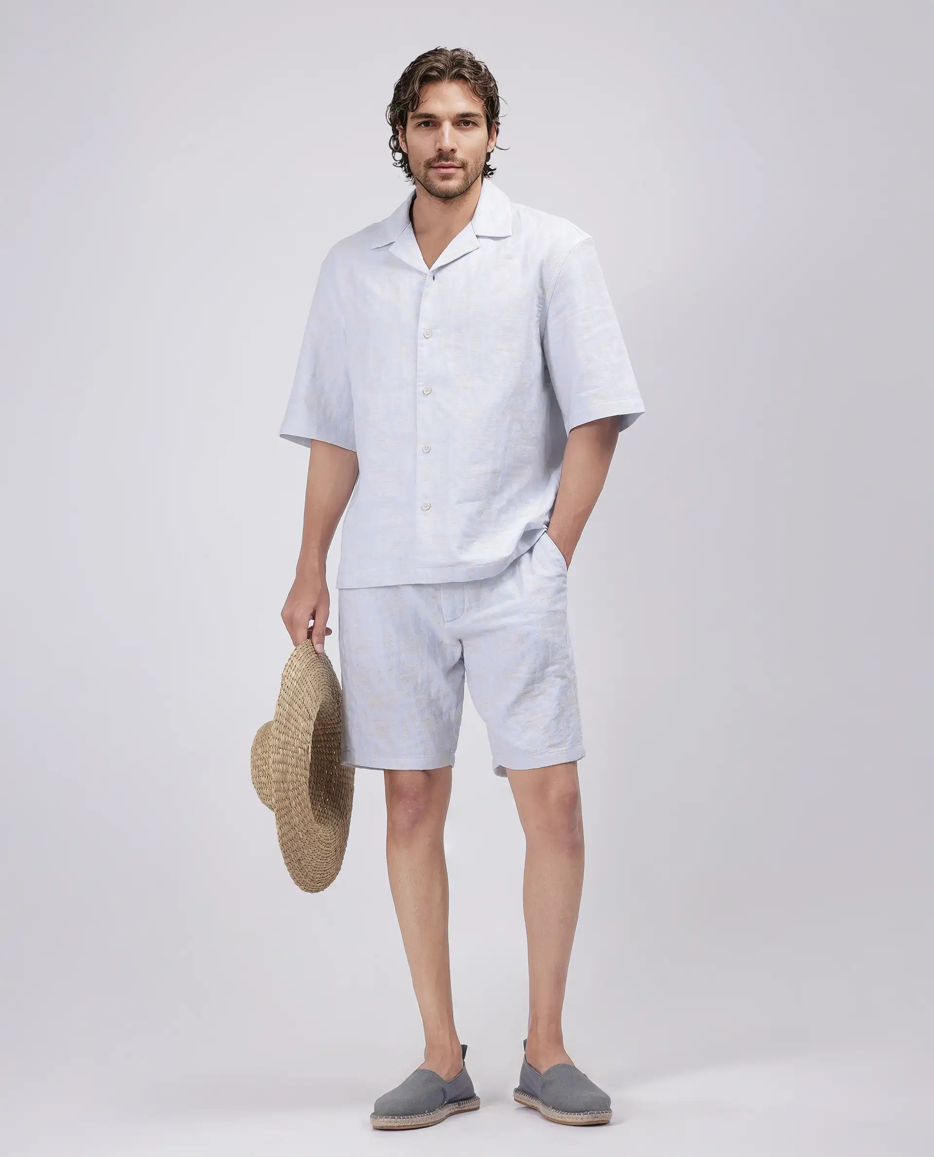 Rare Rabbit Men's Welks Pastel Blue Cotton Blend Jacquard Relaxed Fit Shorts