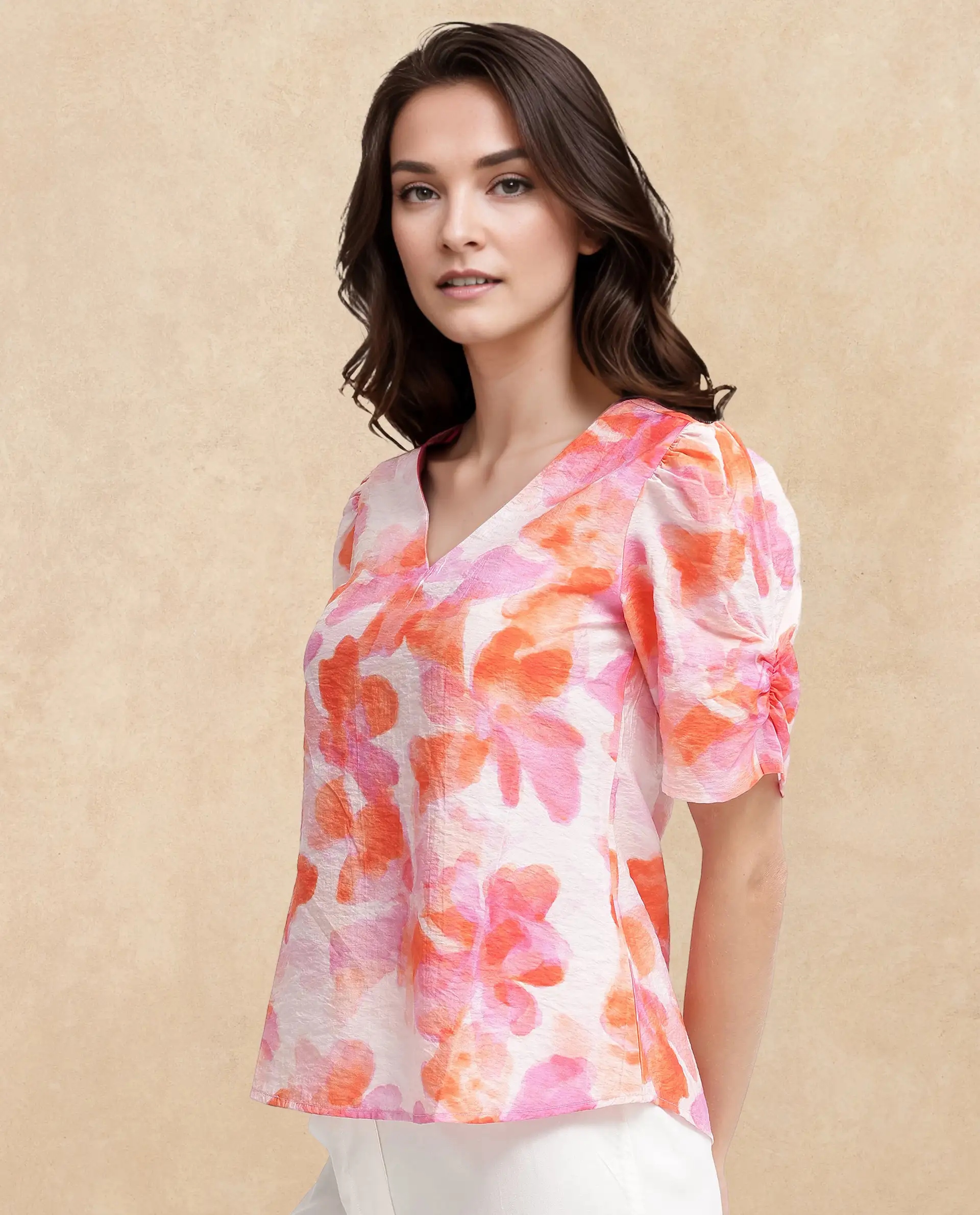 Rareism Women's Wesso Light Multi Nylon Blend V-Neck Abstract Print Puff Sleeves Regular Fit Top
