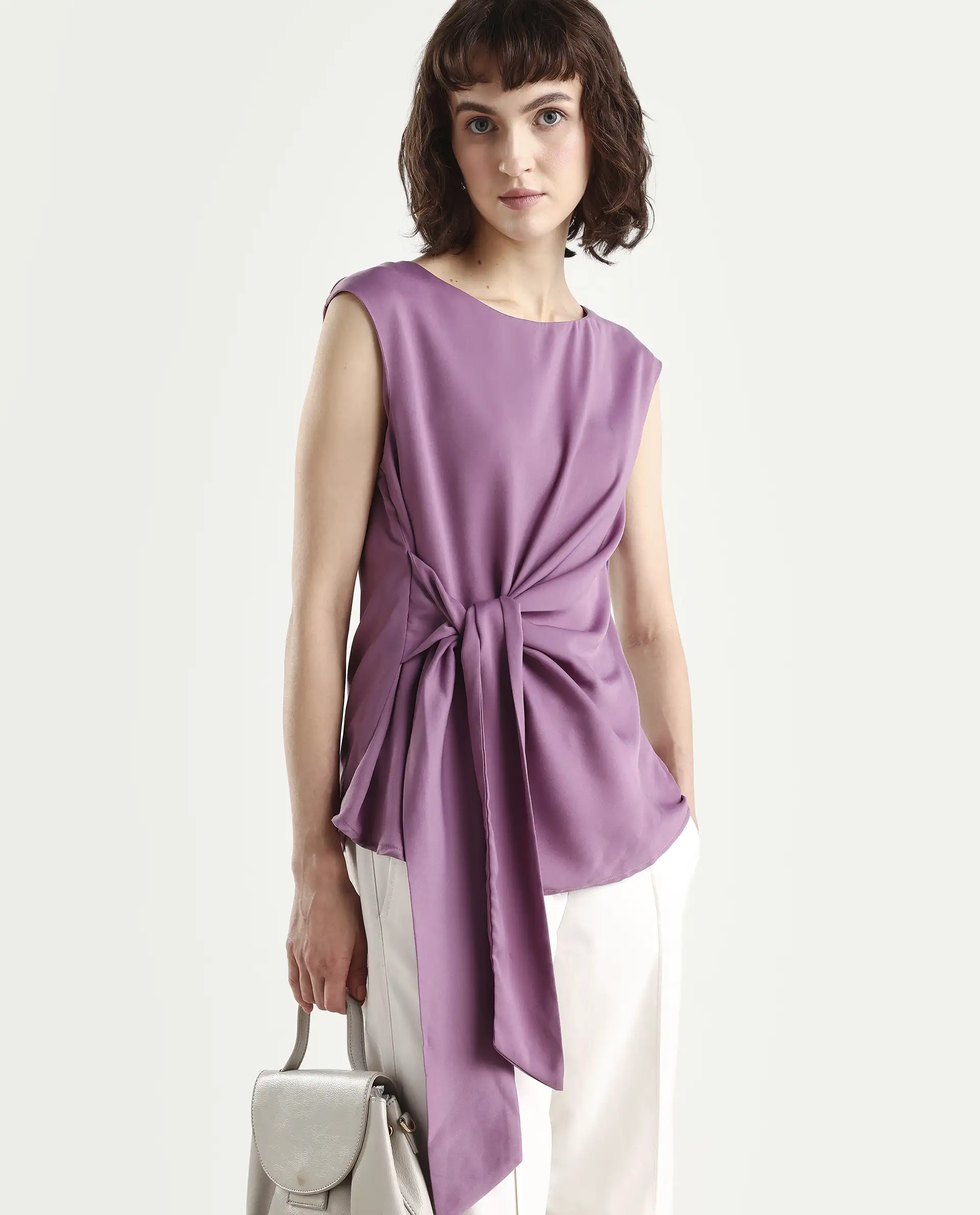 Rareism Women's Wevillet Pastel Purple Satin Boat Neck Plain Sleeveless Regular Fit Top