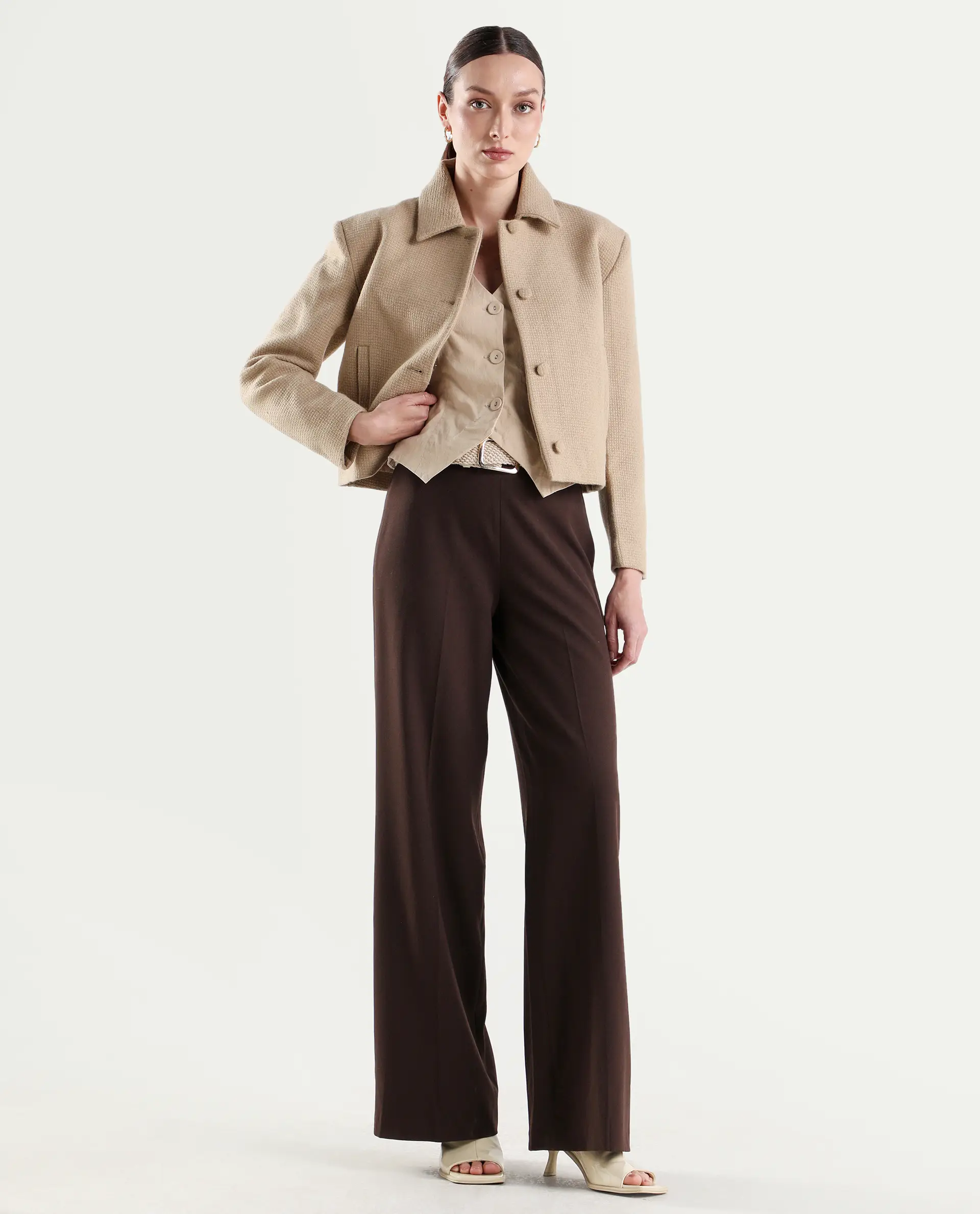 Rareism Women's Widy Brown Polyester Blend Fabric Wide Plain Trouser