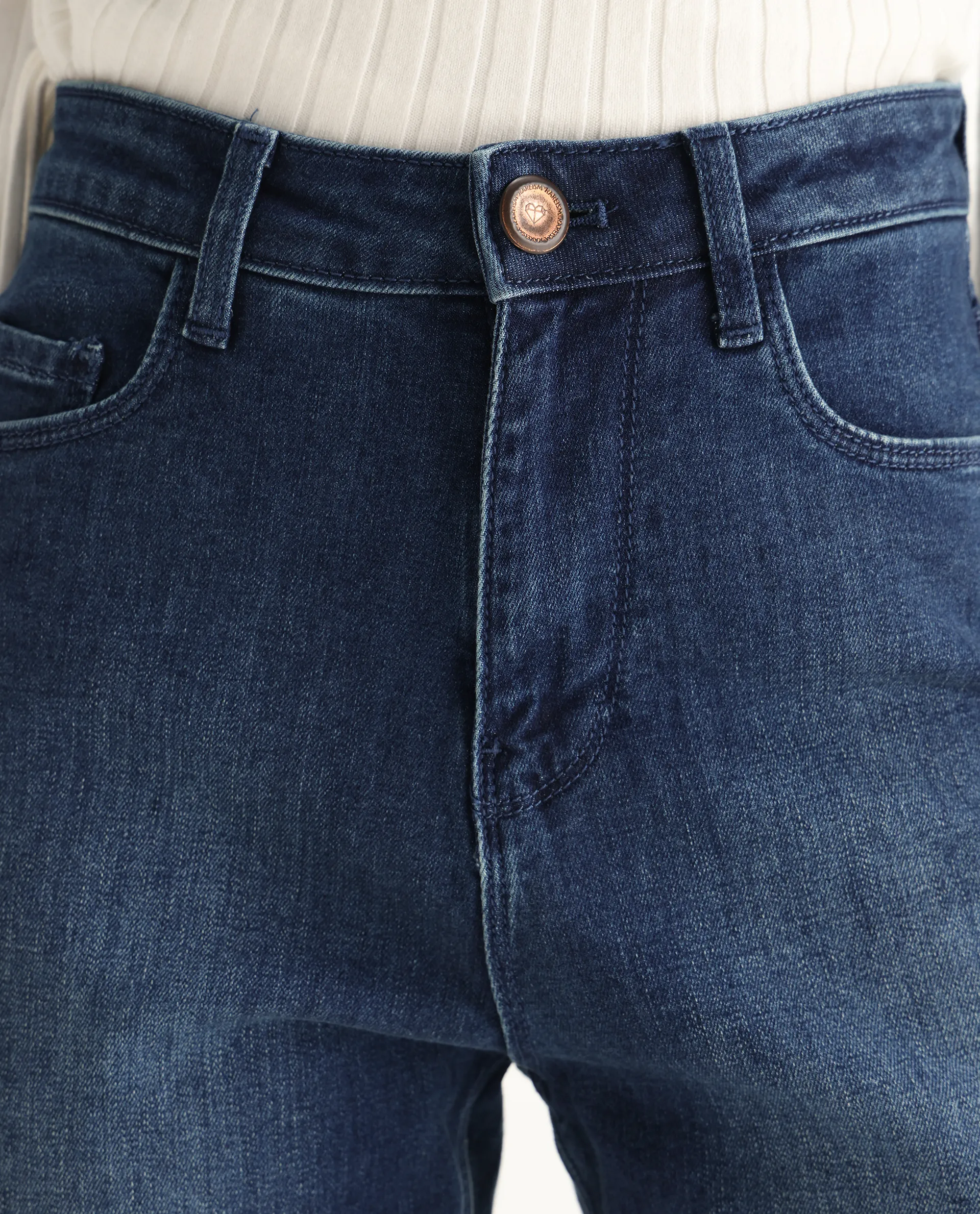 Rareism Women's Winona Blue Cotton Blend Plain Ankle Length Crop Flare Jeans - Image 3