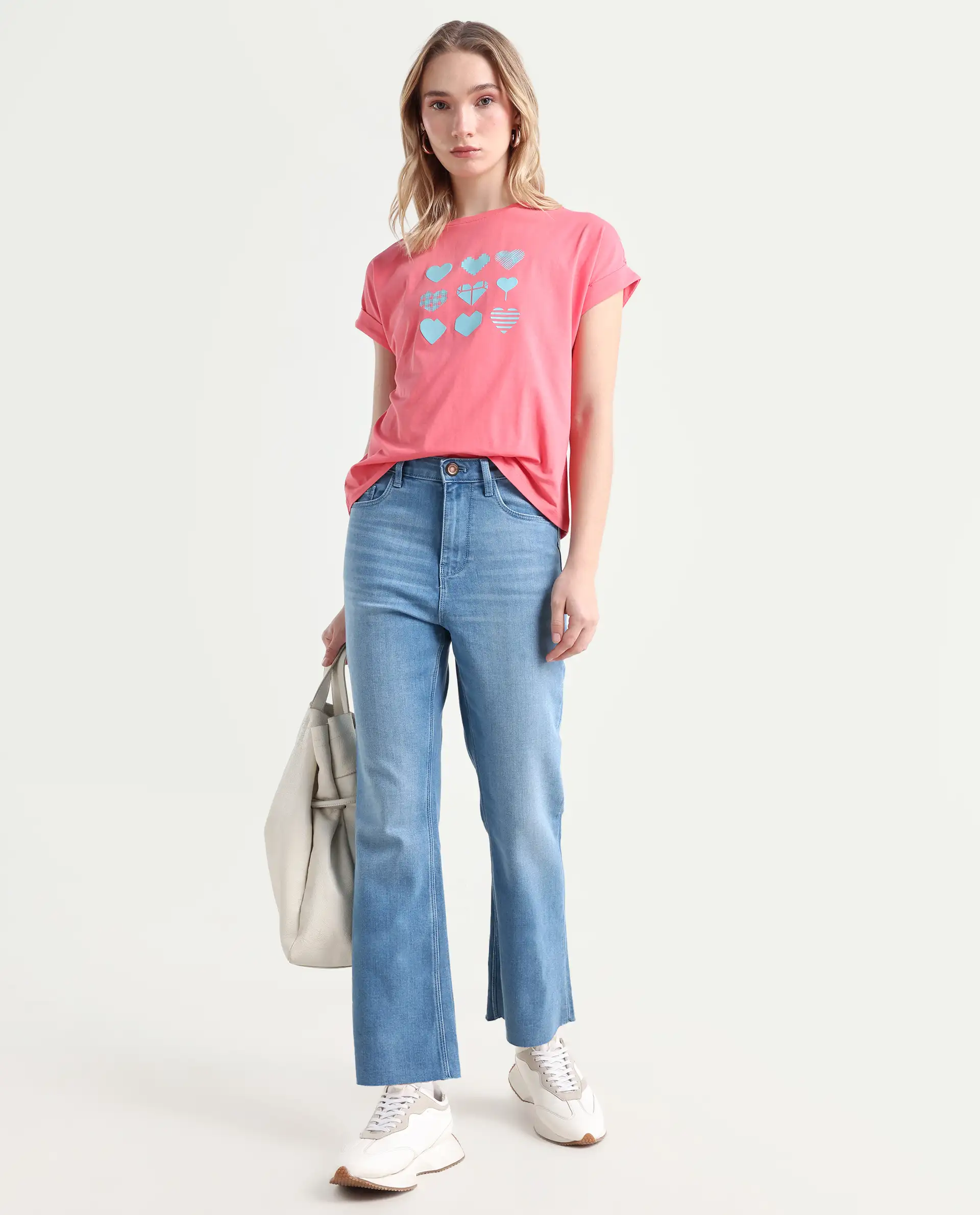 Rareism Women's Winona Pastel Blue Cotton Blend Plain Ankle Length Crop Flare Jeans