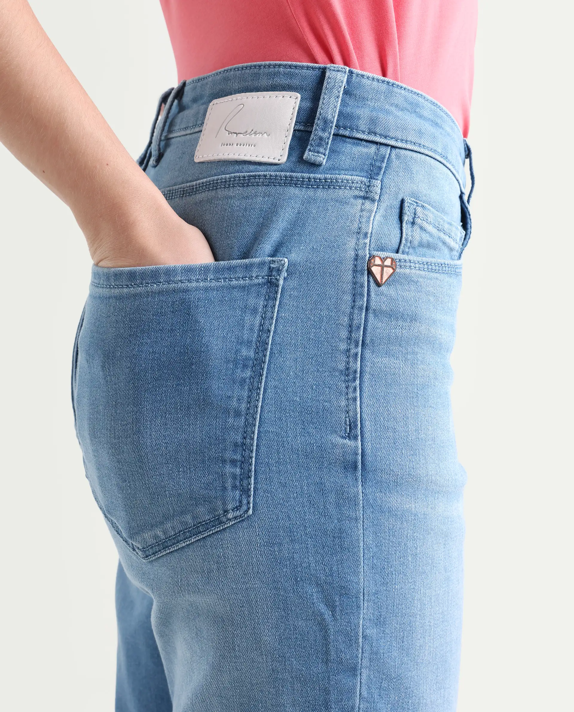 Rareism Women's Winona Pastel Blue Cotton Blend Plain Ankle Length Crop Flare Jeans - Image 4