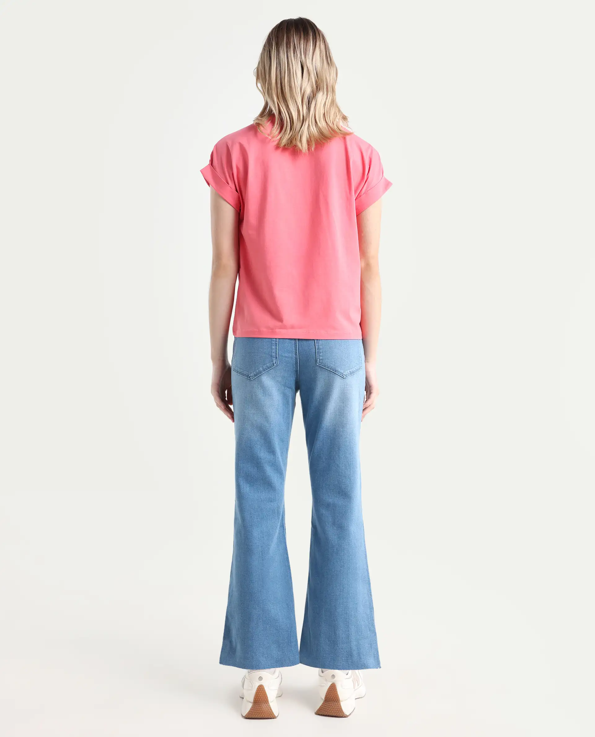 Rareism Women's Winona Pastel Blue Cotton Blend Plain Ankle Length Crop Flare Jeans - Image 7