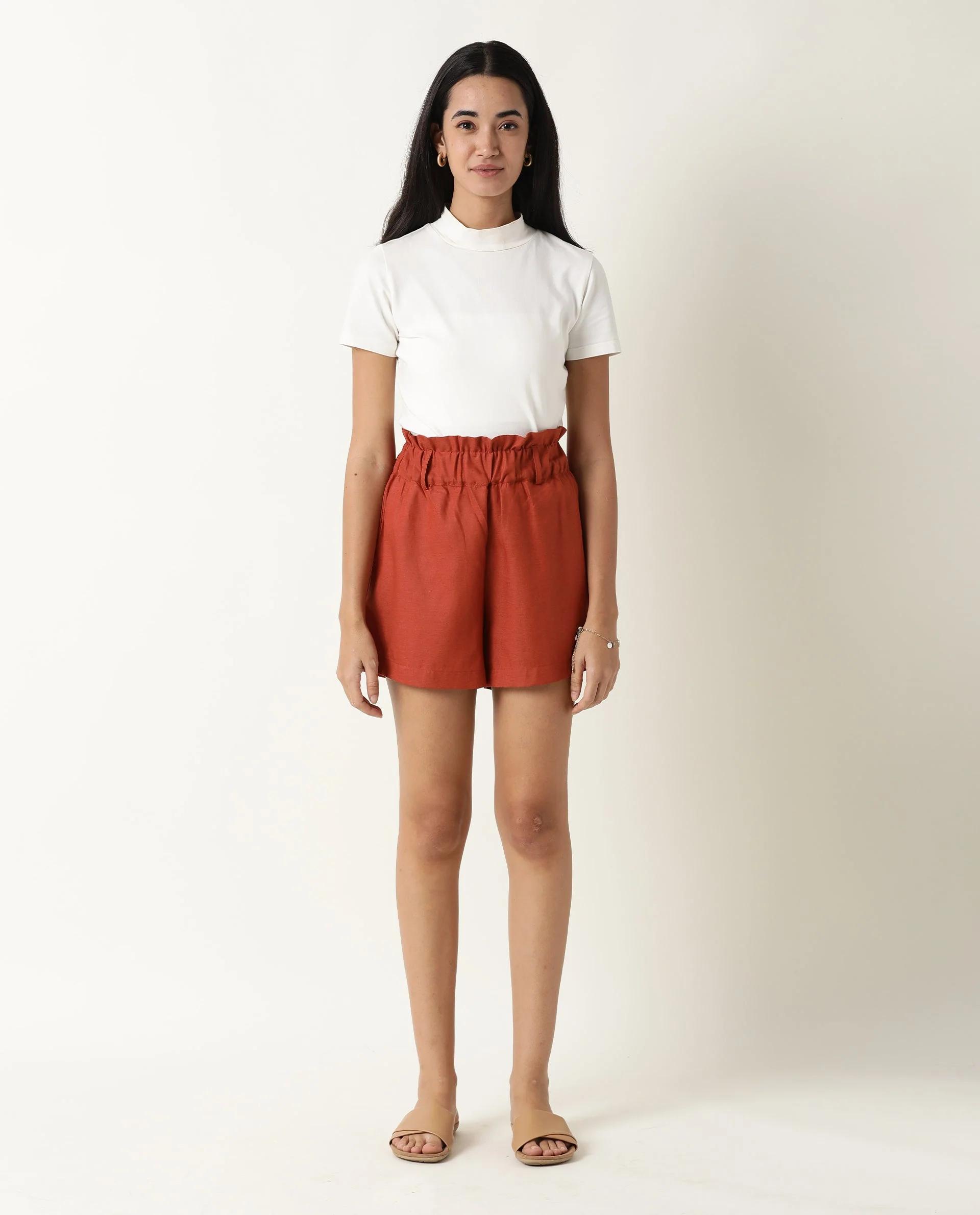 Rareism Women's Wobble Rust Cotton Plain Regular Fit Shorts