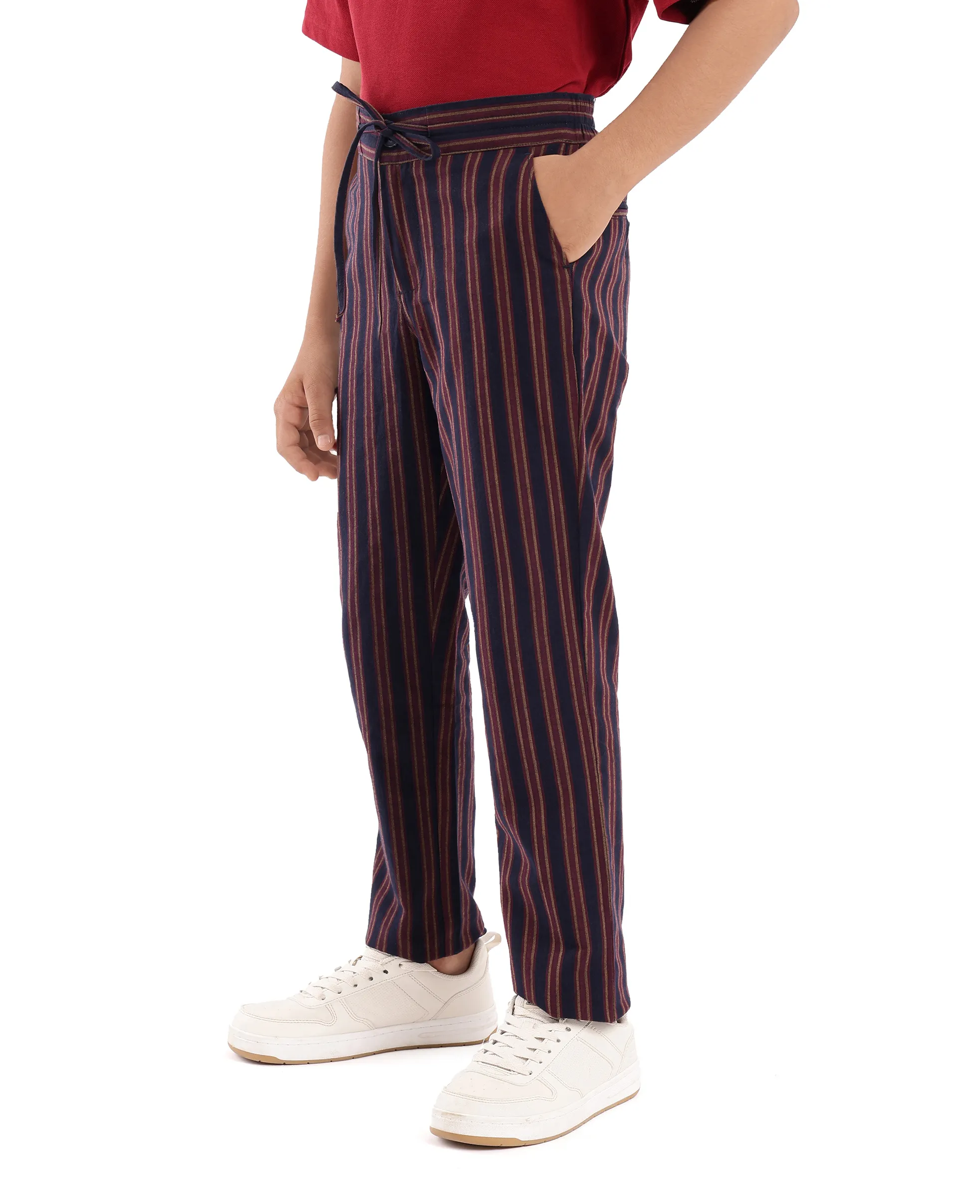 Rare Ones Kids Wren Maroon Cotton Regular Fit Button And Drawstring Closure Striped Trouser - Image 5