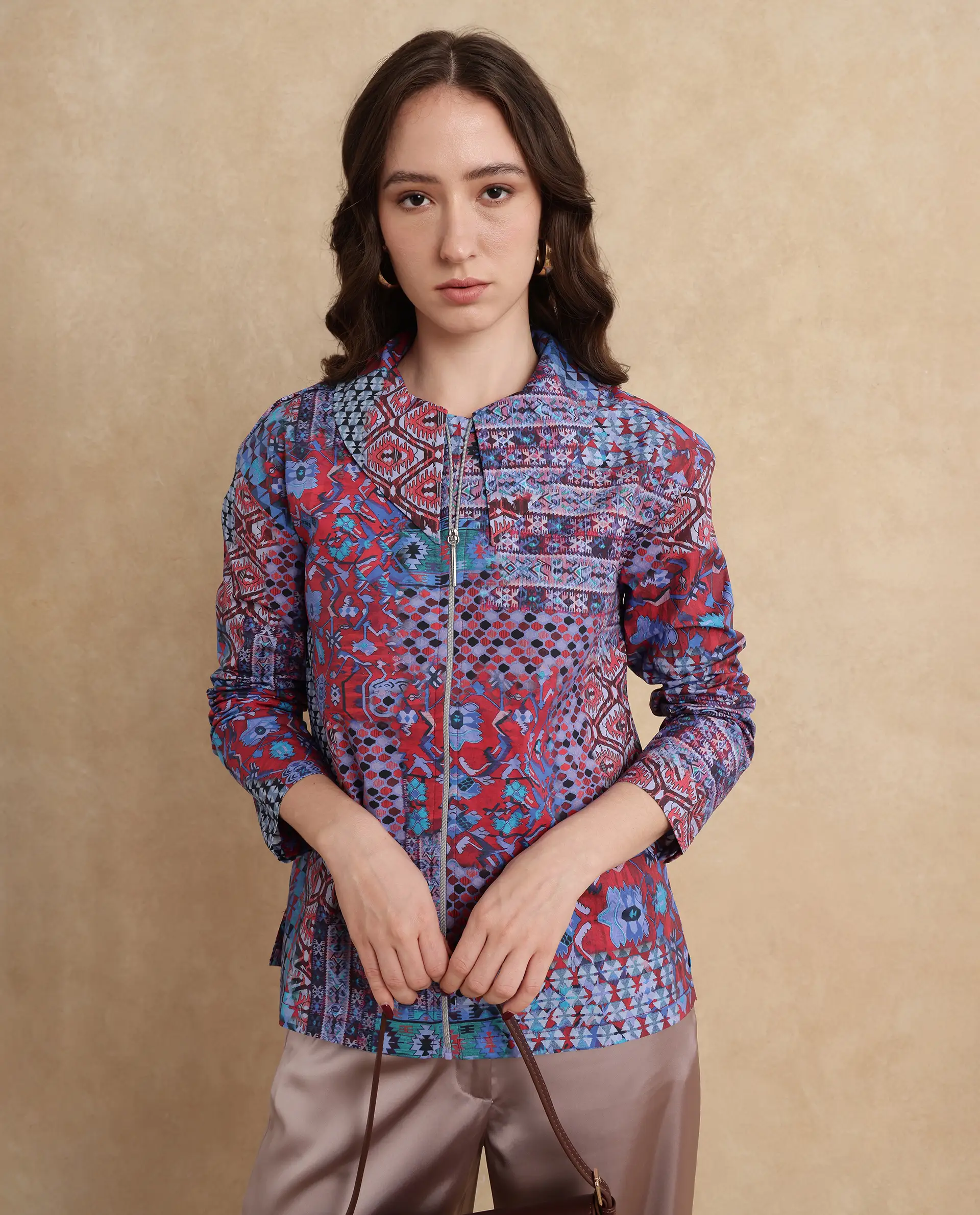 Rareism Women's Xany Multi Cotton Spread Collar Abstract Print Regular Fit Top