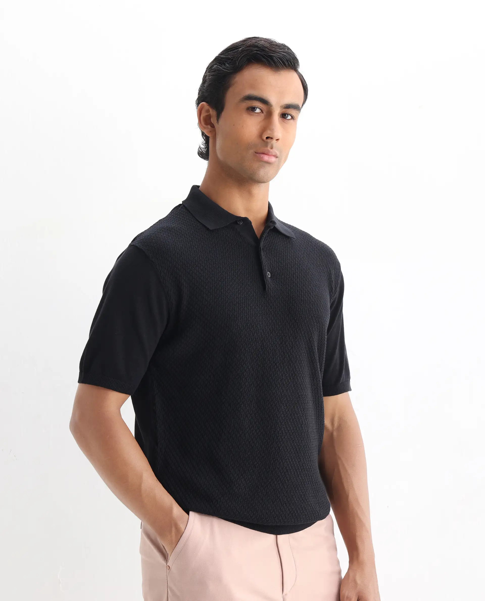Rare Rabbit Men's Xas Black Cotton Textured Regular Fit Half Sleeve Polo - Image 5