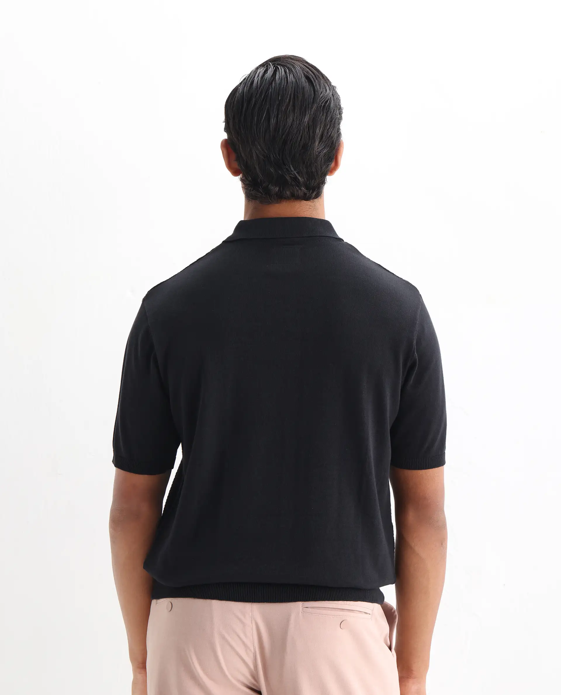 Rare Rabbit Men's Xas Black Cotton Textured Regular Fit Half Sleeve Polo - Image 8