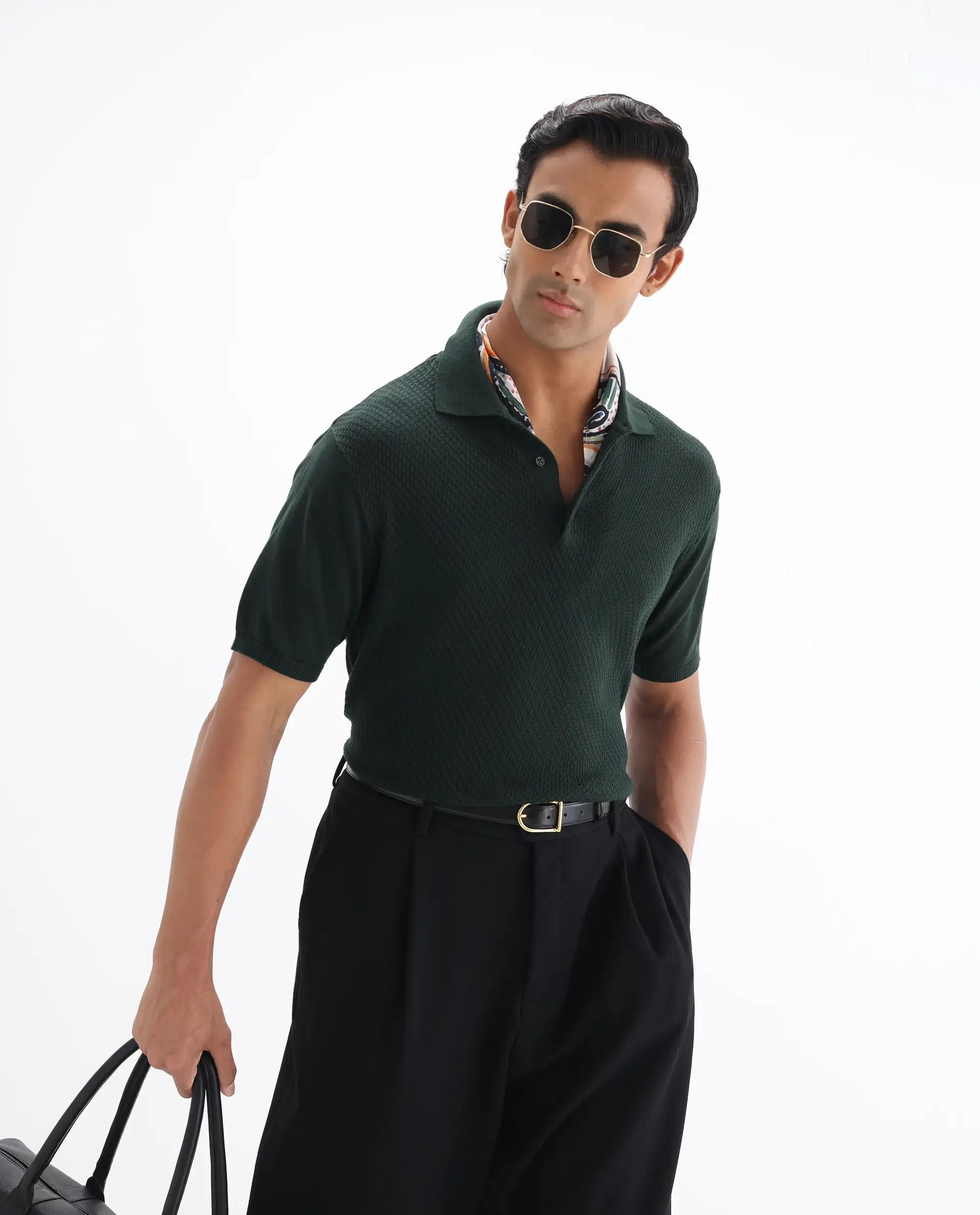 Rare Rabbit Men's Xas Dark Green Cotton Textured Regular Fit Half Sleeve Polo
