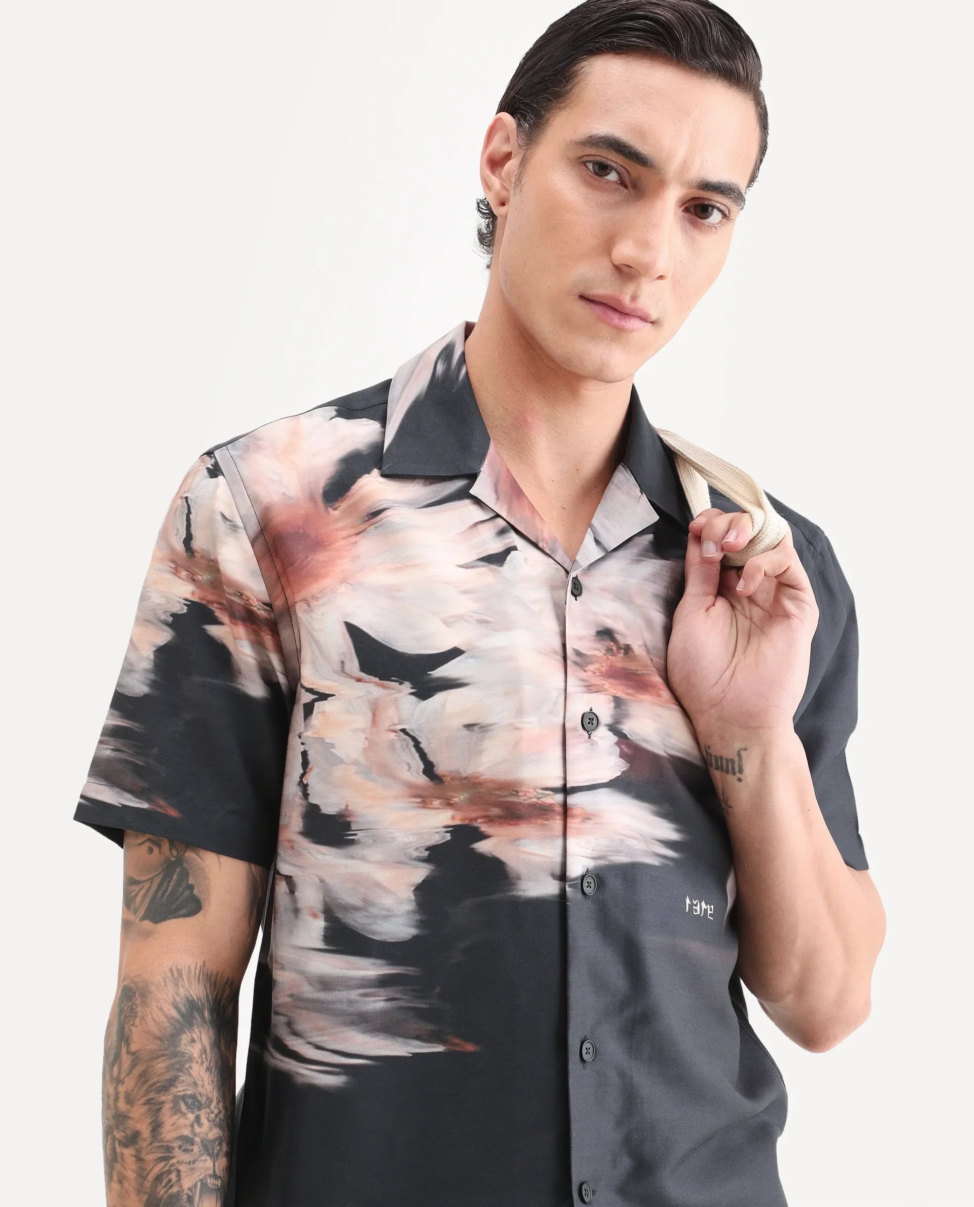 Rare Rabbit Men's Xava Black Cotton Fabric Half Sleeve Regular Fit Floral Print Shirt
