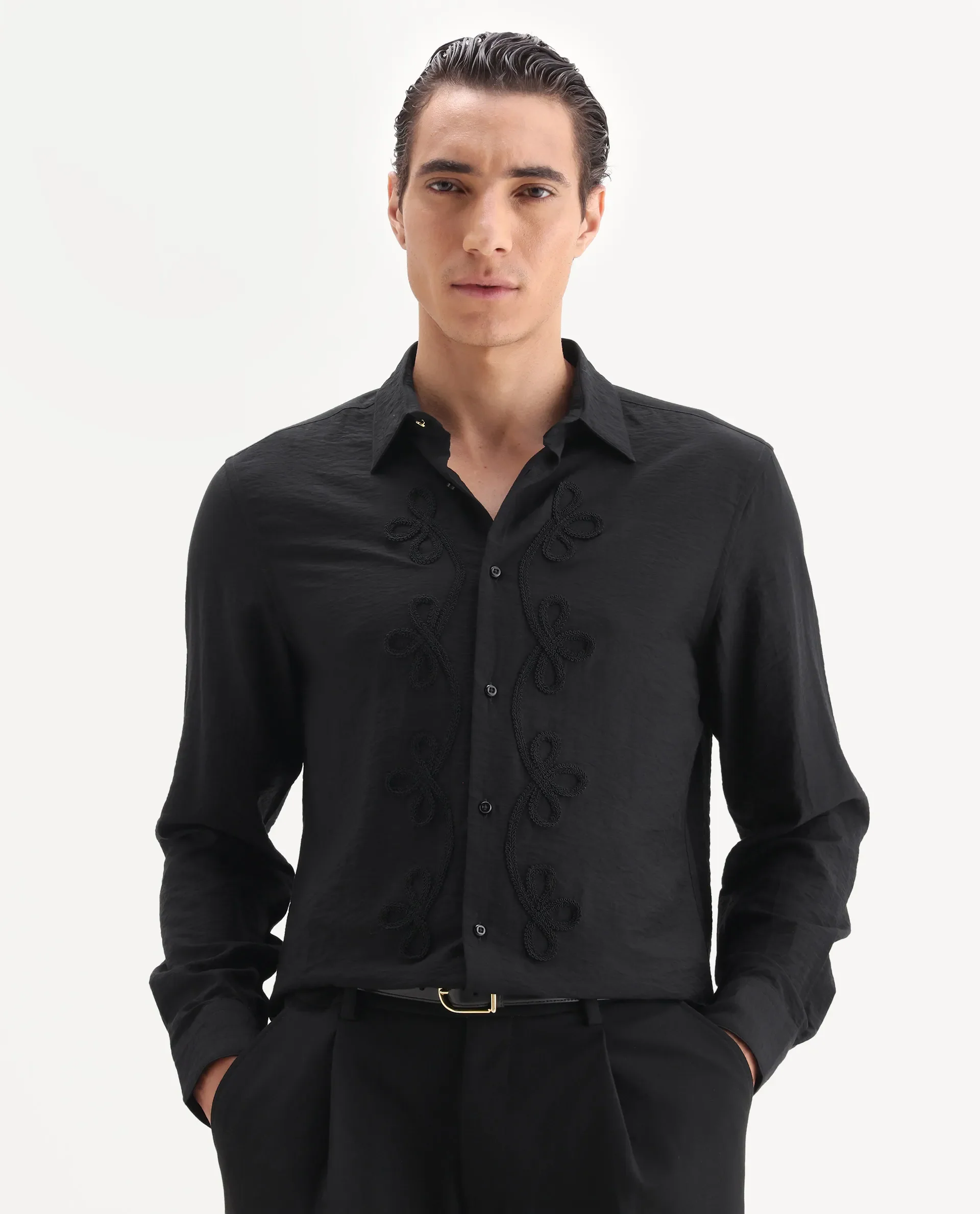 Rare Rabbit Men's Xeron Black Viscose Blend Fabric Collared Neck Regular Fit Embroidered Shirt