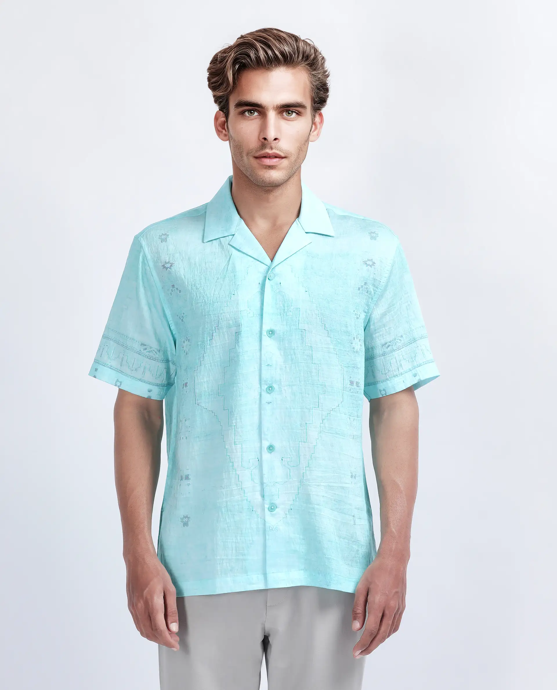 Rare Rabbit Men's Yusi Blue Viscose Jacquard Boxy Fit Half Sleeve Cuban Collar Shirt - Image 8