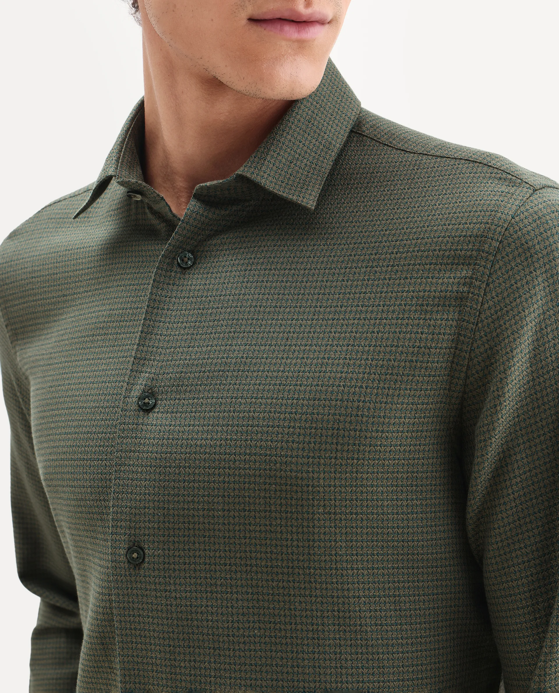 Rare Rabbit Men's Zail Green Cotton Fabric Spread Collar Regular Fit Textured Shirt - Image 3