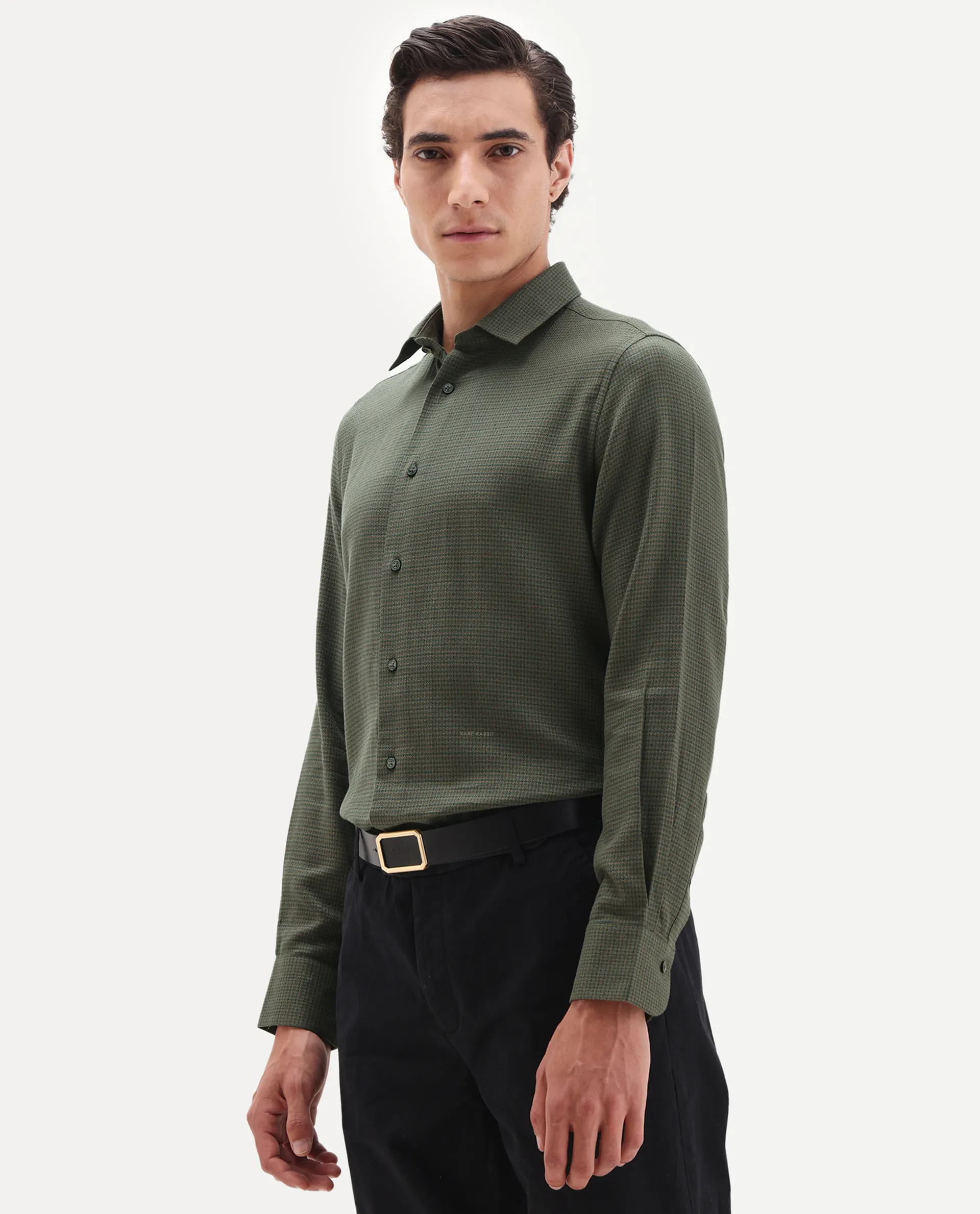 Rare Rabbit Men's Zail Green Cotton Fabric Spread Collar Regular Fit Textured Shirt - Image 5