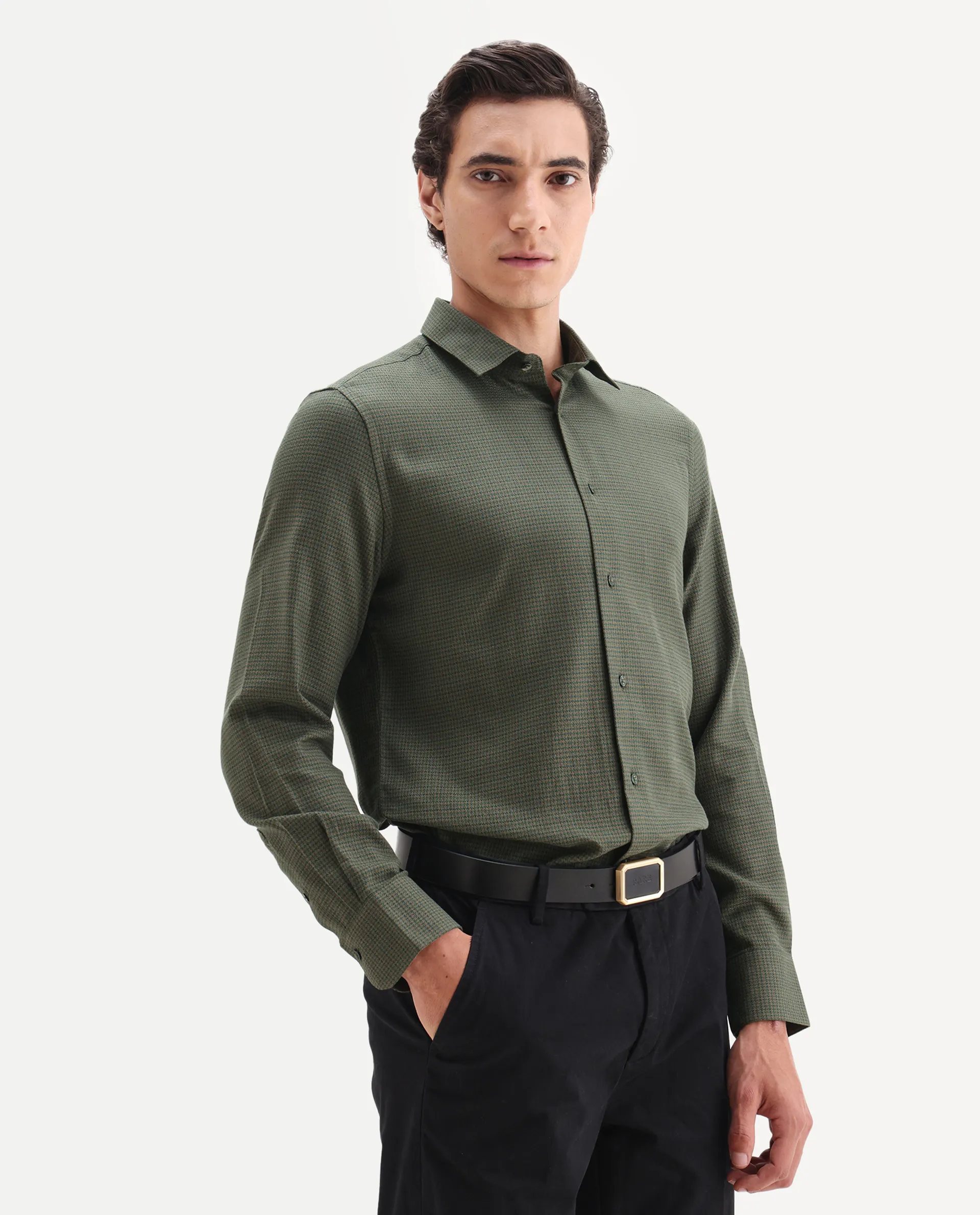 Rare Rabbit Men's Zail Green Cotton Fabric Spread Collar Regular Fit Textured Shirt - Image 6