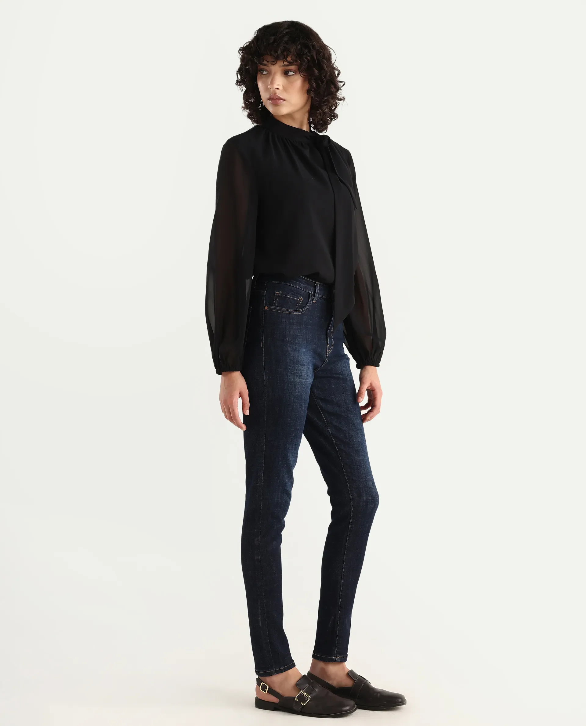 Rareism Women's Zaisho Dark Blue Cotton Blend Plain Ankle Length Sleek Skinny Fit Jeans - Image 5