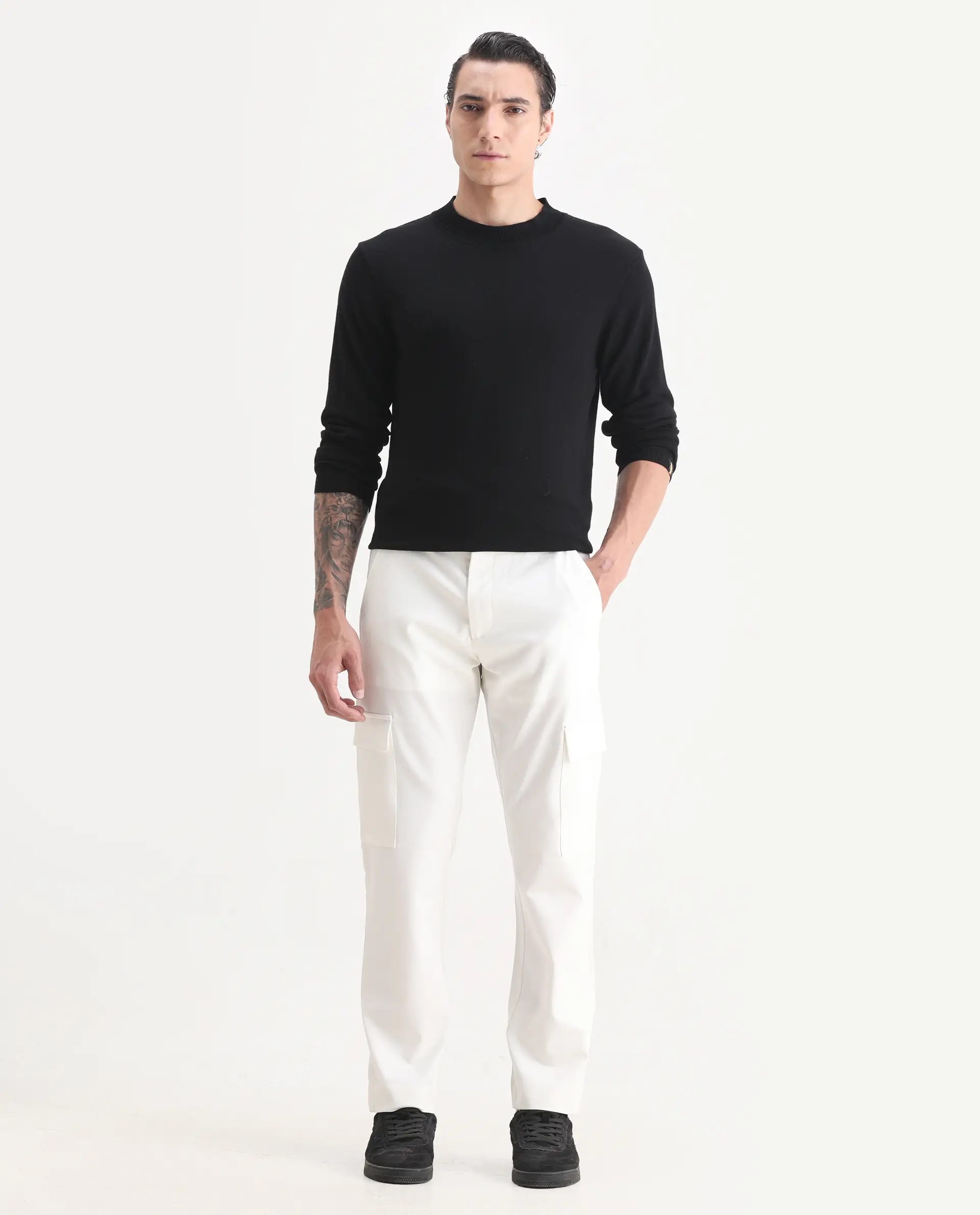 Rare Rabbit Men's Zal Off White Polyester Plain Relaxed Fit Trouser