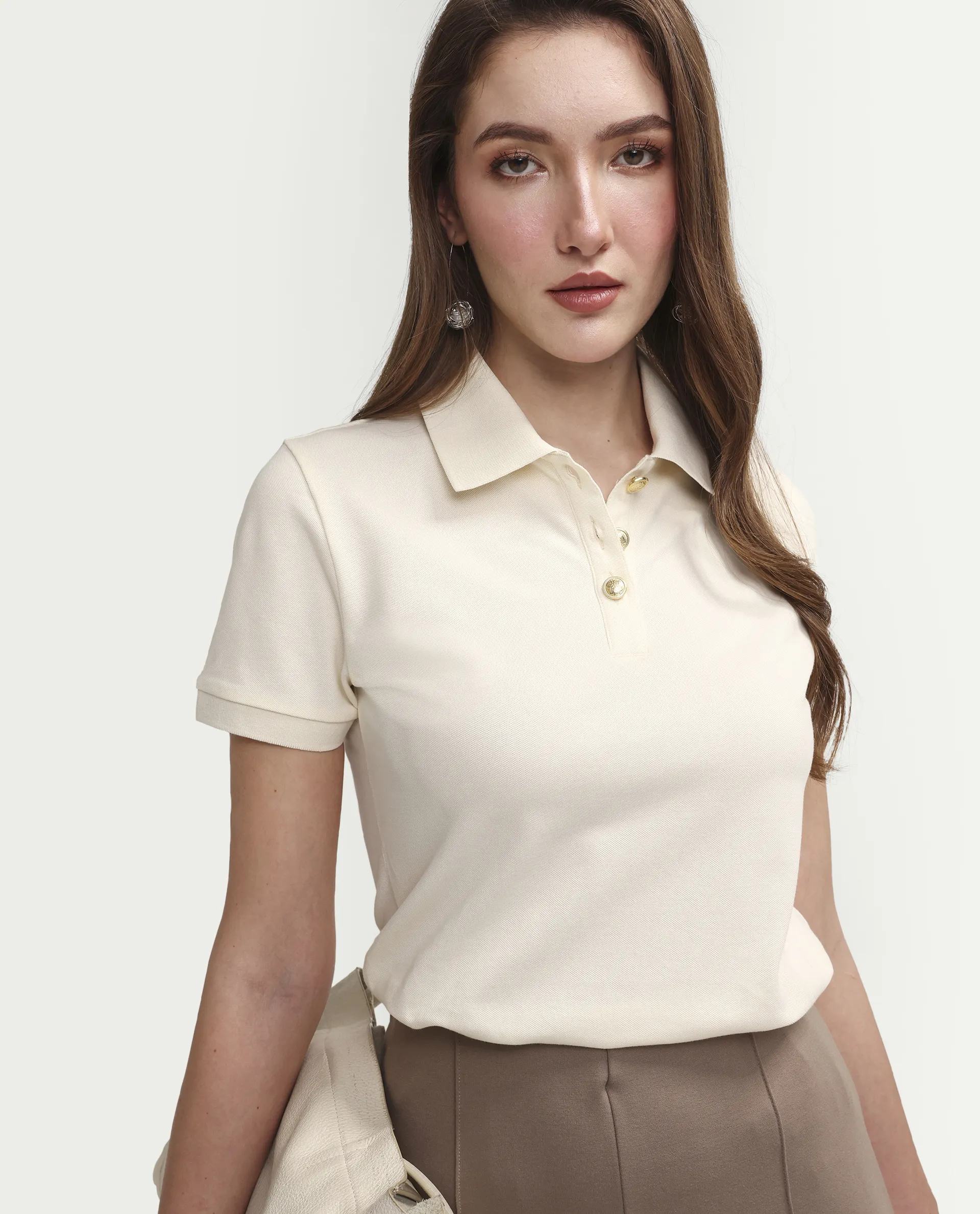 Rareism Women's Zana Off White Cotton Lycra Half Sleeve Regular Fit Plain Polo
