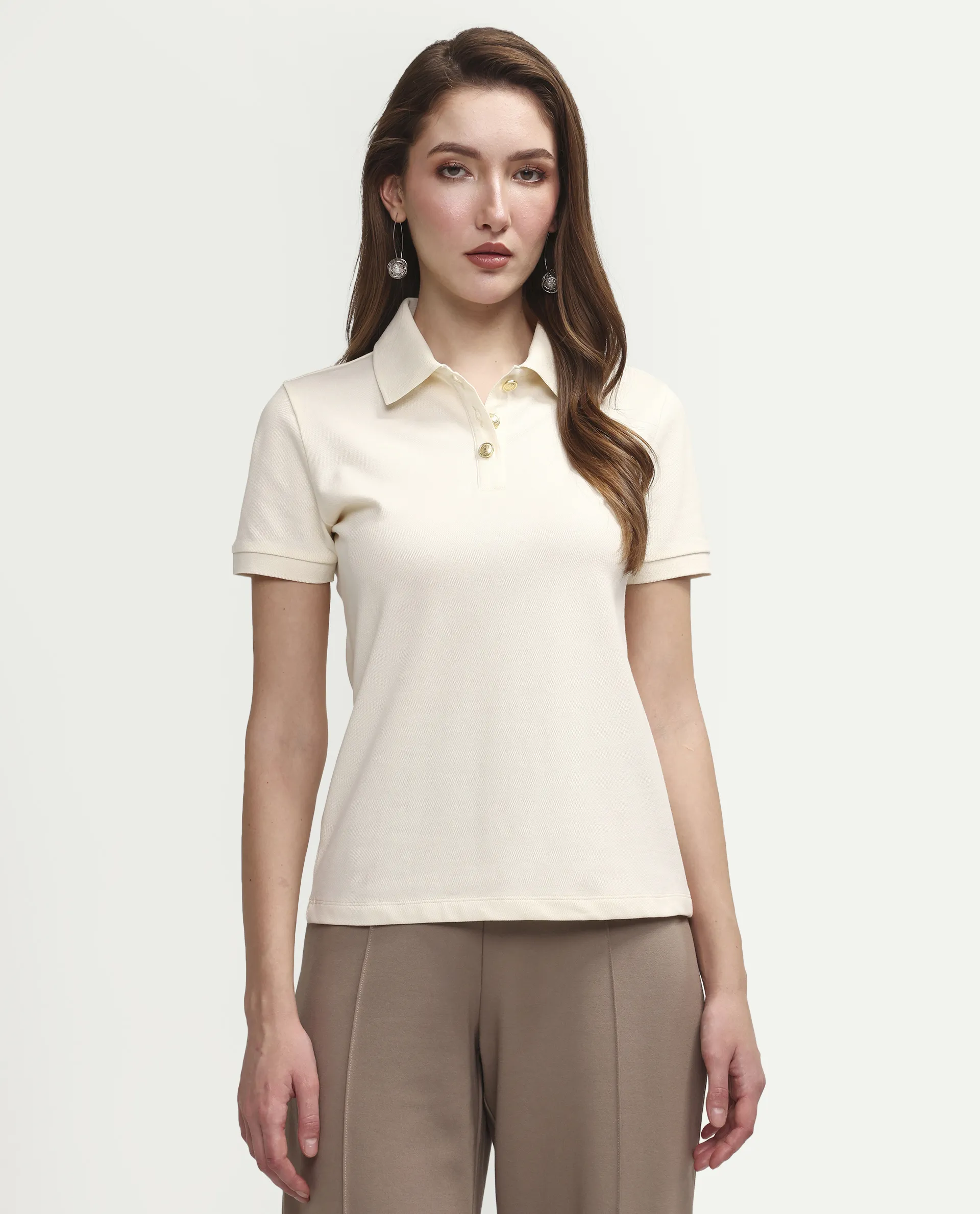 Rareism Women's Zana Off White Cotton Lycra Half Sleeve Regular Fit Plain Polo - Image 3
