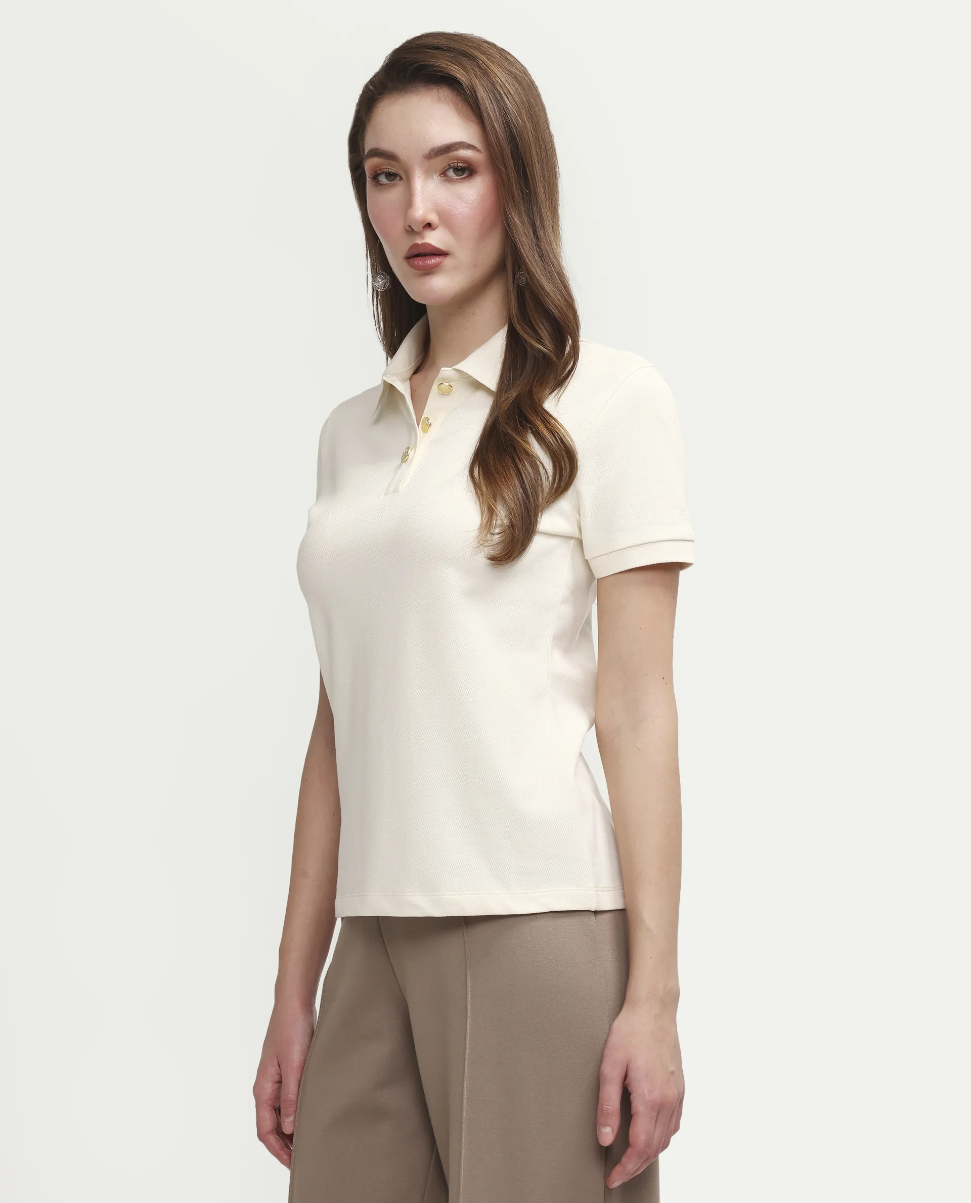 Rareism Women's Zana Off White Cotton Lycra Half Sleeve Regular Fit Plain Polo - Image 5