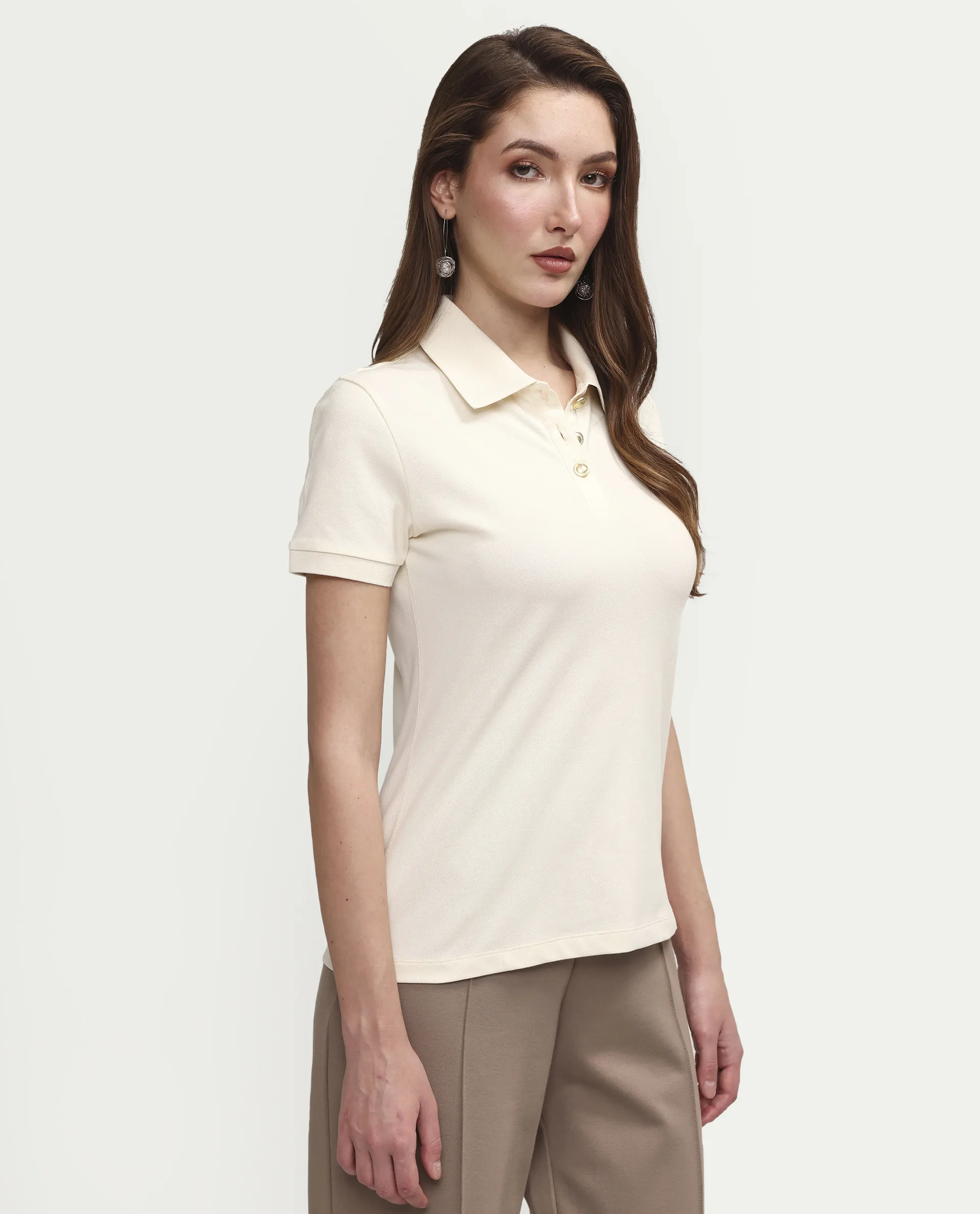 Rareism Women's Zana Off White Cotton Lycra Half Sleeve Regular Fit Plain Polo - Image 6