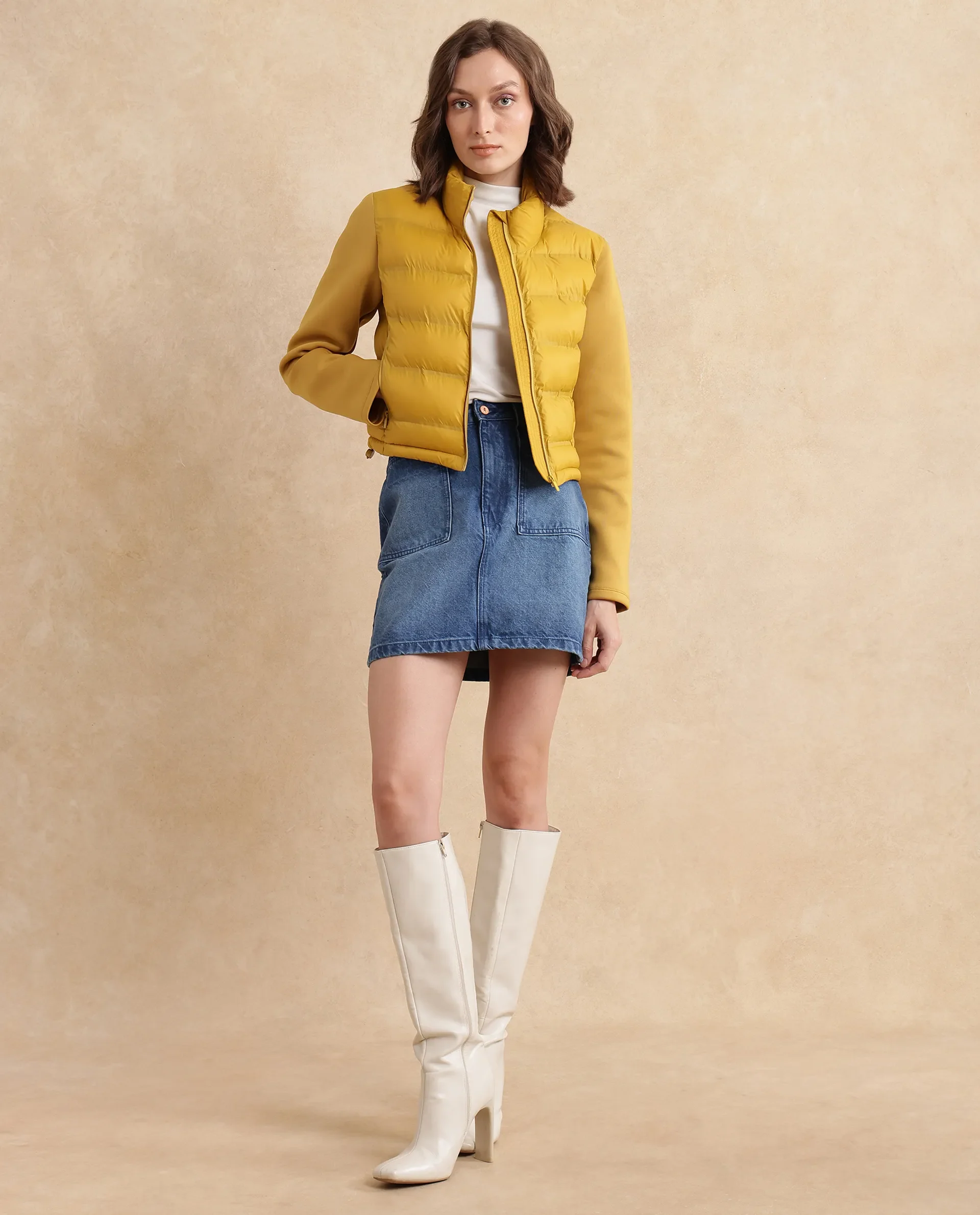 Rareism Women's Zarcro Yellow Stand Collar Plain Regular Fit Jacket