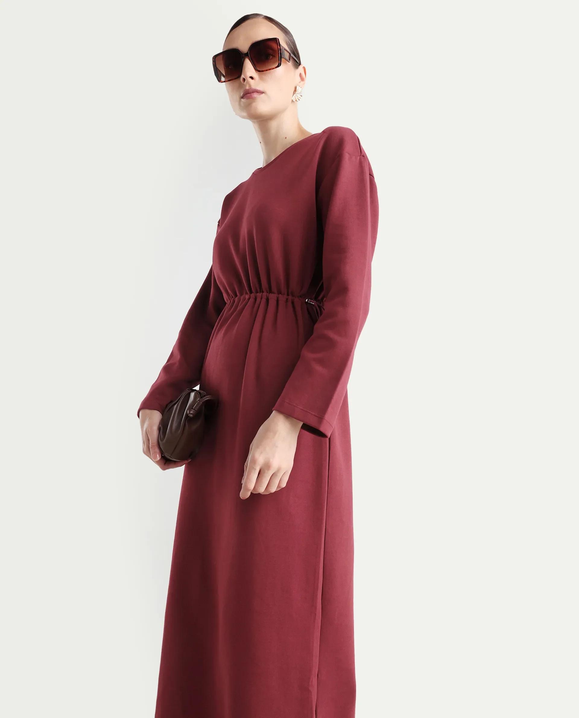 Rareism Women's Zarene Maroon Cotton Cotton Blend Crew Neck Plain Maxi Regular Fit Dress - Image 2