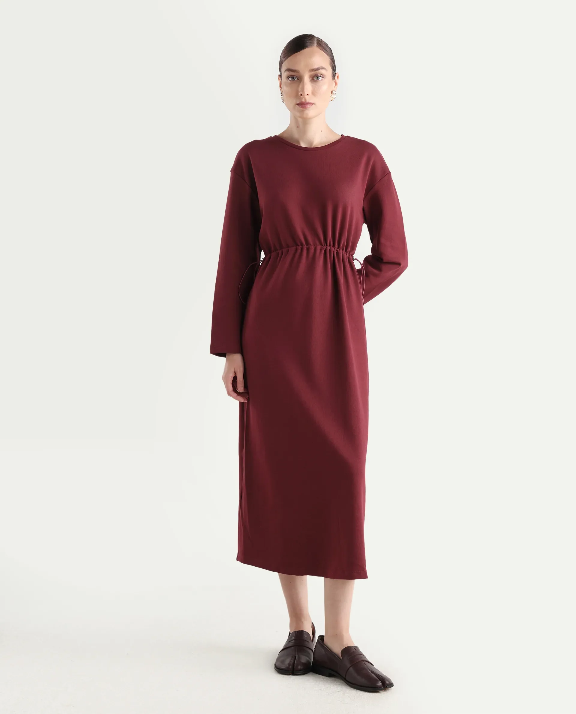 Rareism Women's Zarene Maroon Cotton Cotton Blend Crew Neck Plain Maxi Regular Fit Dress - Image 3