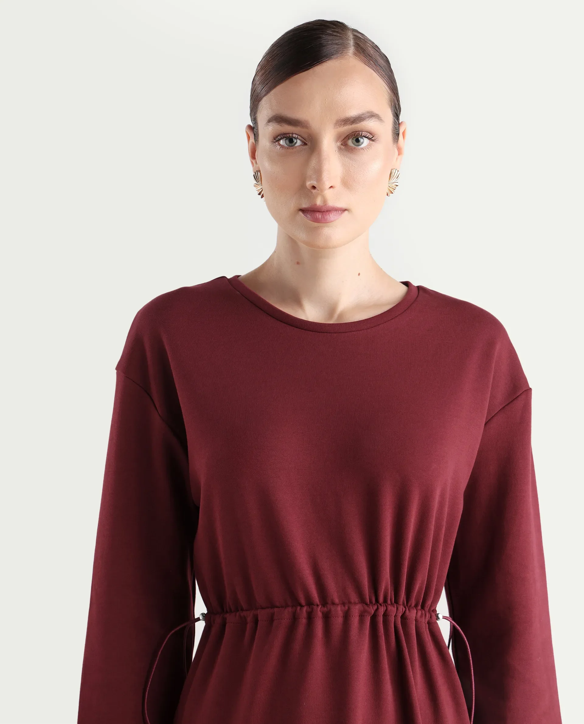 Rareism Women's Zarene Maroon Cotton Cotton Blend Crew Neck Plain Maxi Regular Fit Dress - Image 4