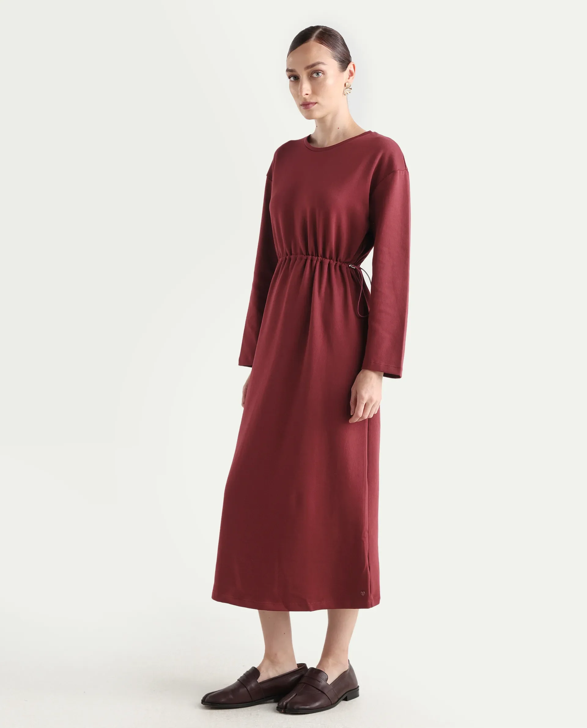 Rareism Women's Zarene Maroon Cotton Cotton Blend Crew Neck Plain Maxi Regular Fit Dress - Image 6