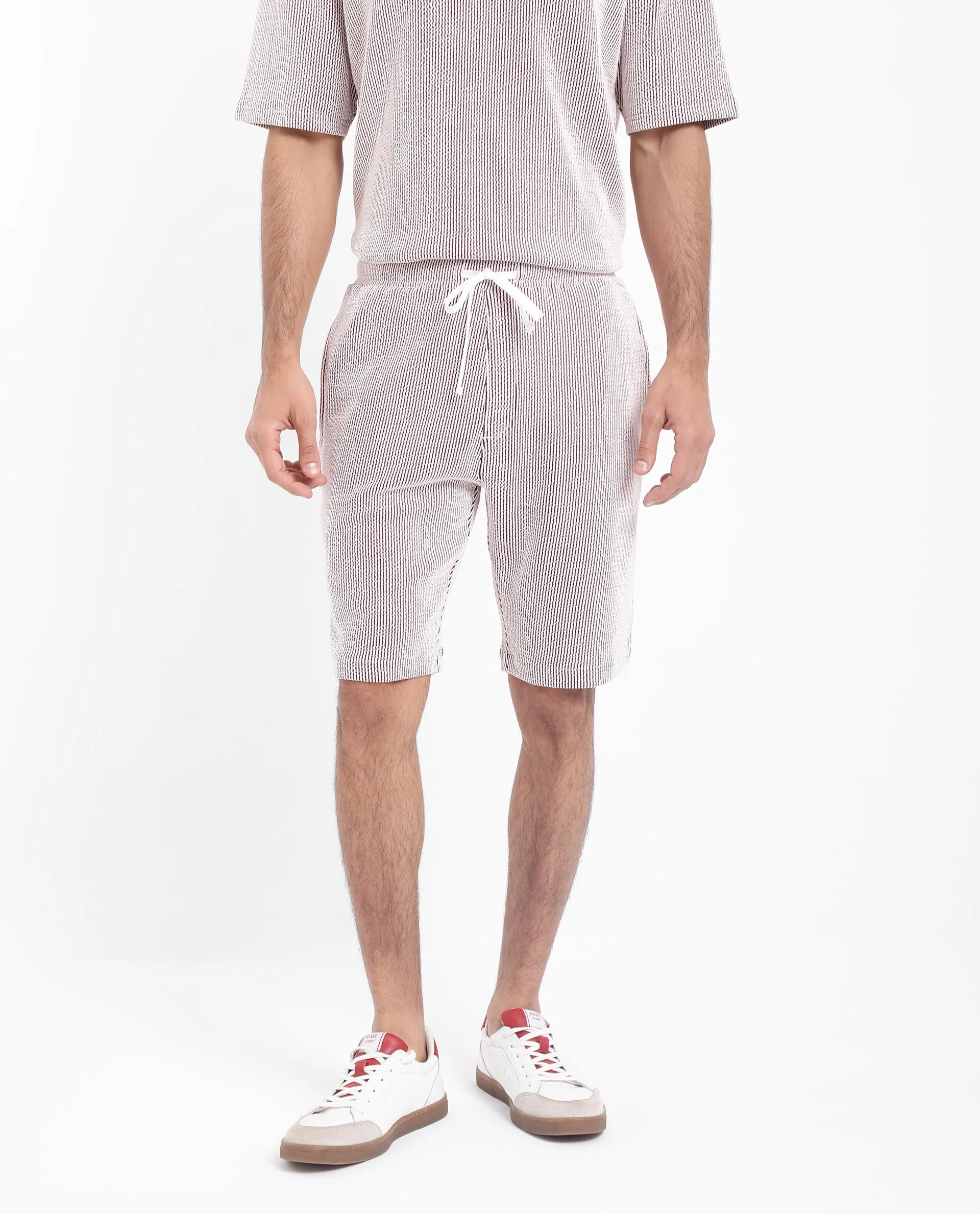 Rare Rabbit Men's Zavet-B Maroon Cotton Blend Striped Print Regular Fit Shorts